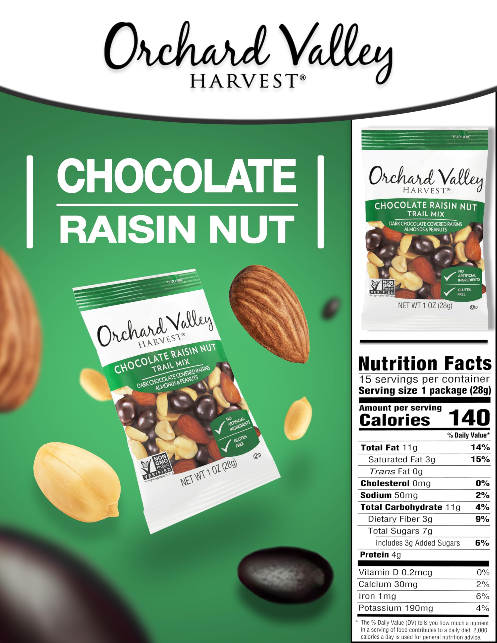 Orchard Valley Harvest Chocolate Raisin Nut Trail Mix, 1 Ounce Bags (Pack of 15), Dark Chocolate Covered Raisins, Almonds, and Peanuts, Trail Mix