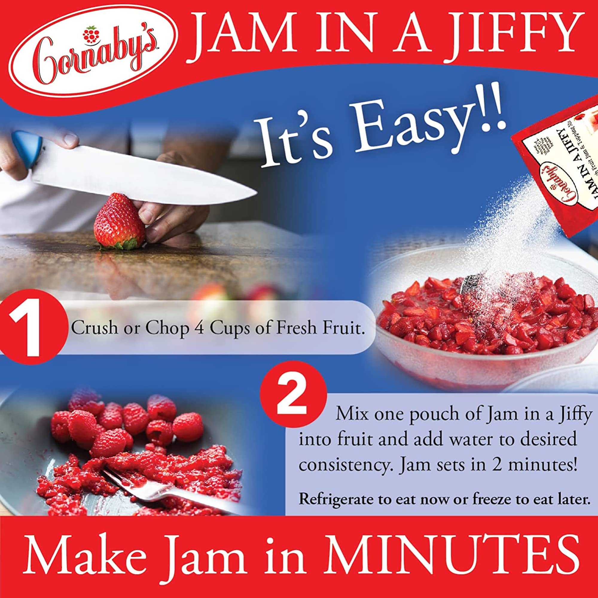 Cornaby's Jam in a Jiffy - Low Sugar Jam Mix, Instant Fresh or Freezer, No Cook, 18 Oz - Easy Dessert Topping for Homemade Low Calorie Jam