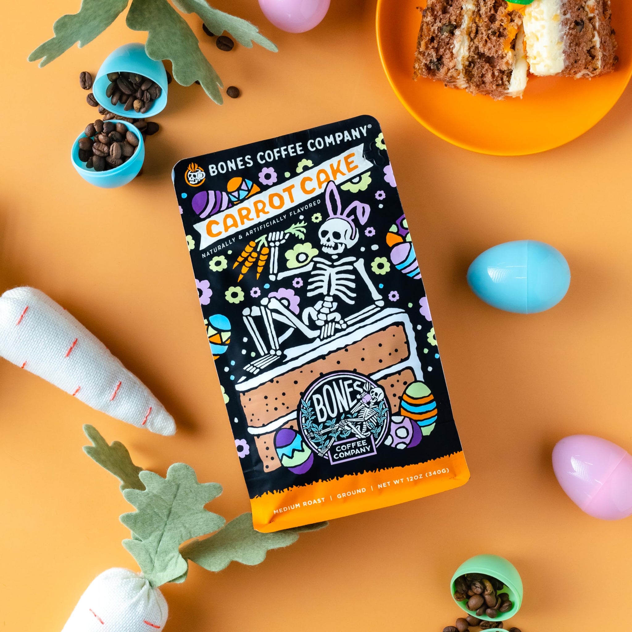 Bones Coffee Company Carrot Cake with Sweet Cream Cheese Flavored Coffee, Medium Roast Low Acid Arabica Beans Compatible with Auto drip and French
