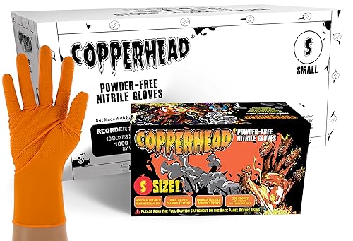 Copperhead HD Orange Nitrile Disposable Gloves, 8 Mil, Latex and Powder Free, Industrial, Food Safe, Raised Diamond Texture (Large, Case/1000)