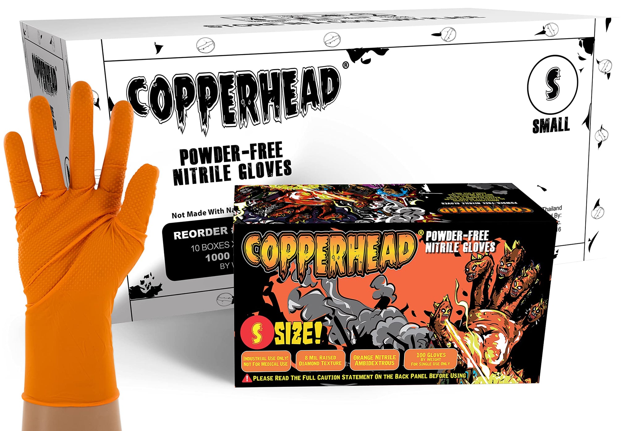 Copperhead HD Orange Nitrile Disposable Gloves, 8 Mil, Latex and Powder Free, Industrial, Food Safe, Raised Diamond Texture (Large, Case/1000)