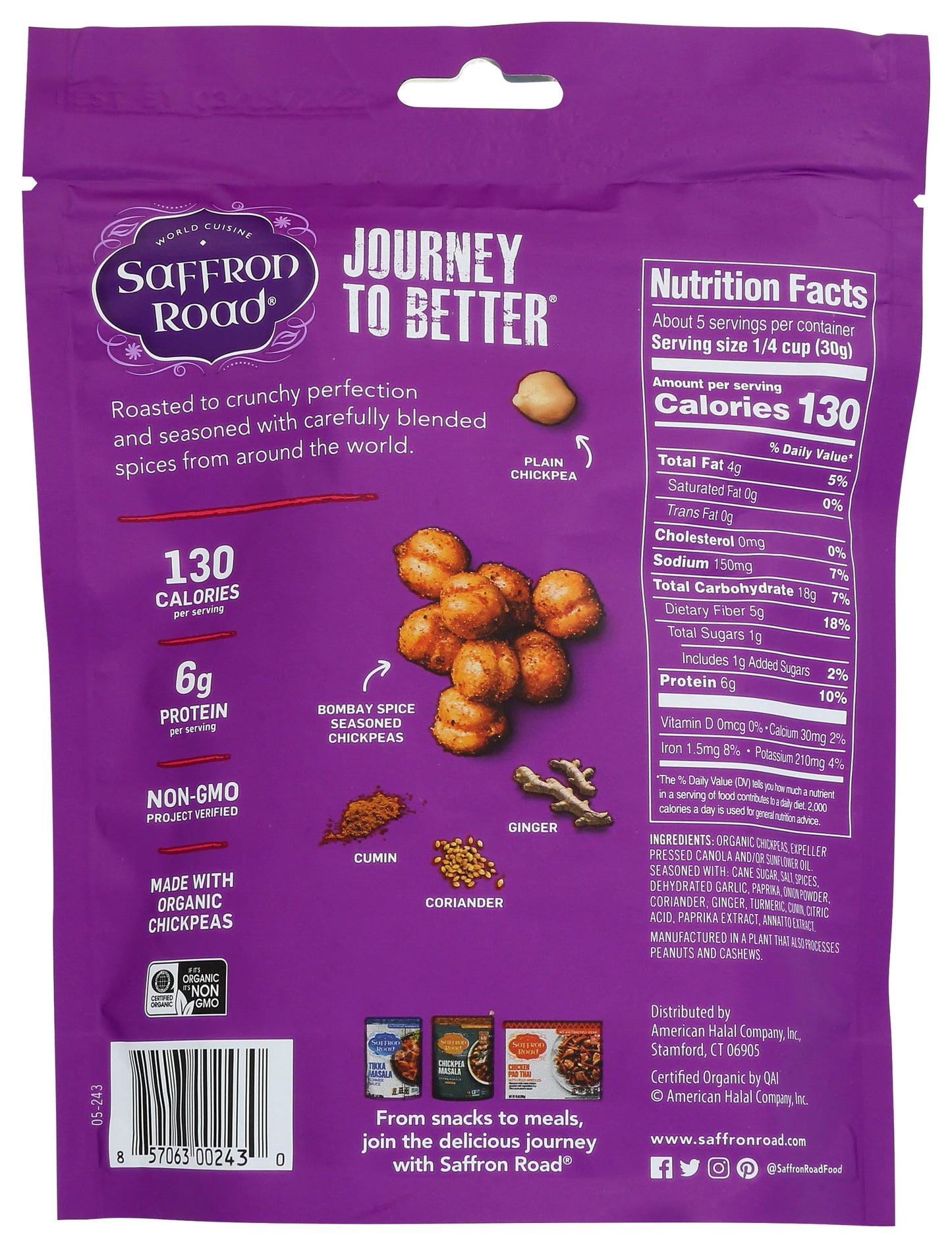 Saffron Road Bombay Spice Crunchy Chickpea Snack, 6oz - Gluten Free, Non-GMO, Halal, Kosher, Vegan