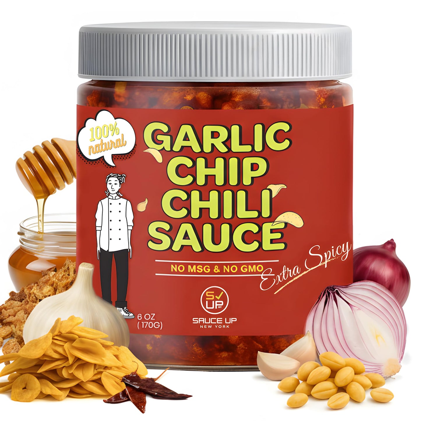 SAUCE UP Extra Spicy Garlic Chip Chili Sauce - Super Crunchy Chili Crisp Topping with Chunks of Fried Garlic, Shallots & Peanuts | Chef-Curated