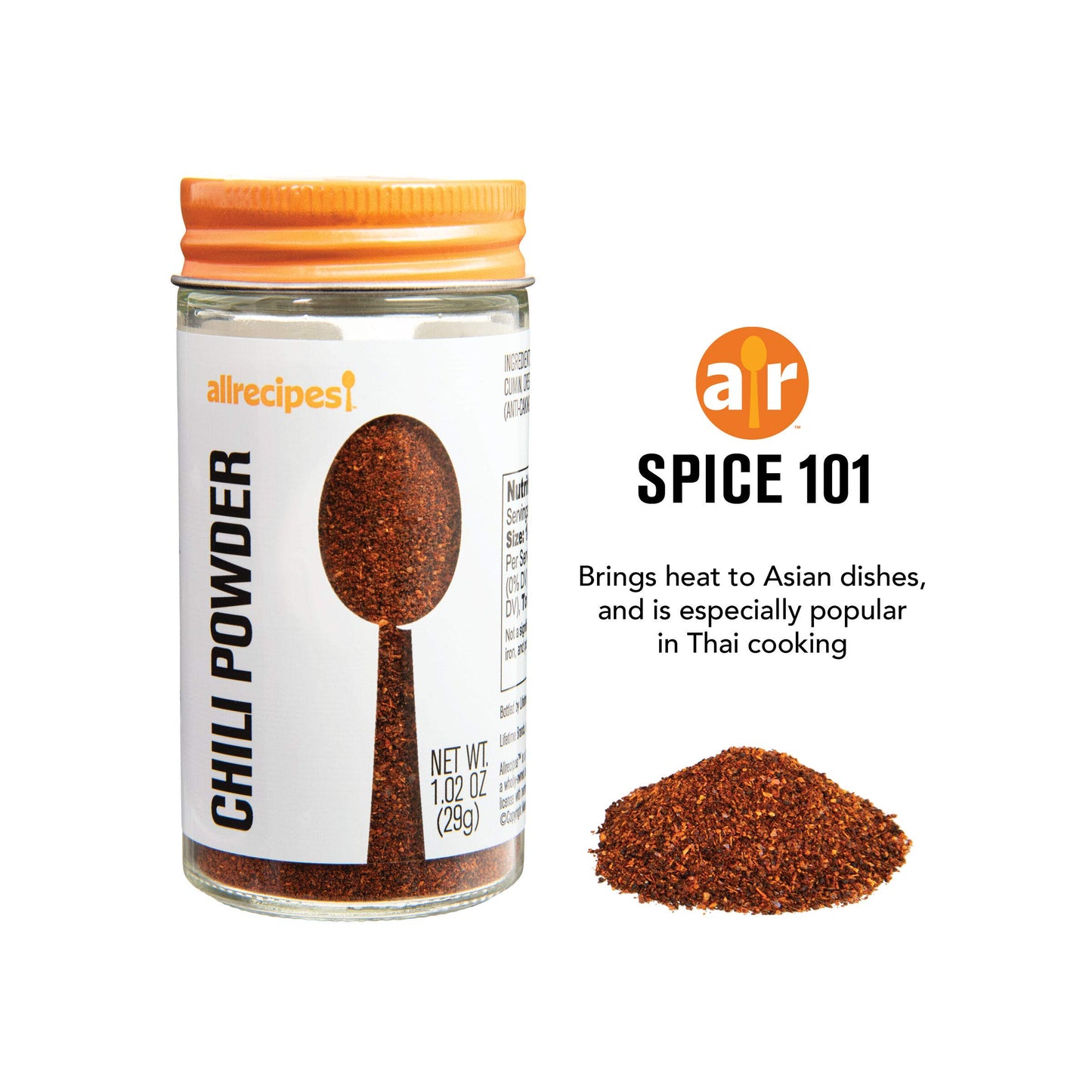 Allrecipes Taste of Asia (Chili Powder, Chinese Five Spice, Ground Ginger) in Glass Jars with Removable Sifter Caps for Sprinkling, Set of 3