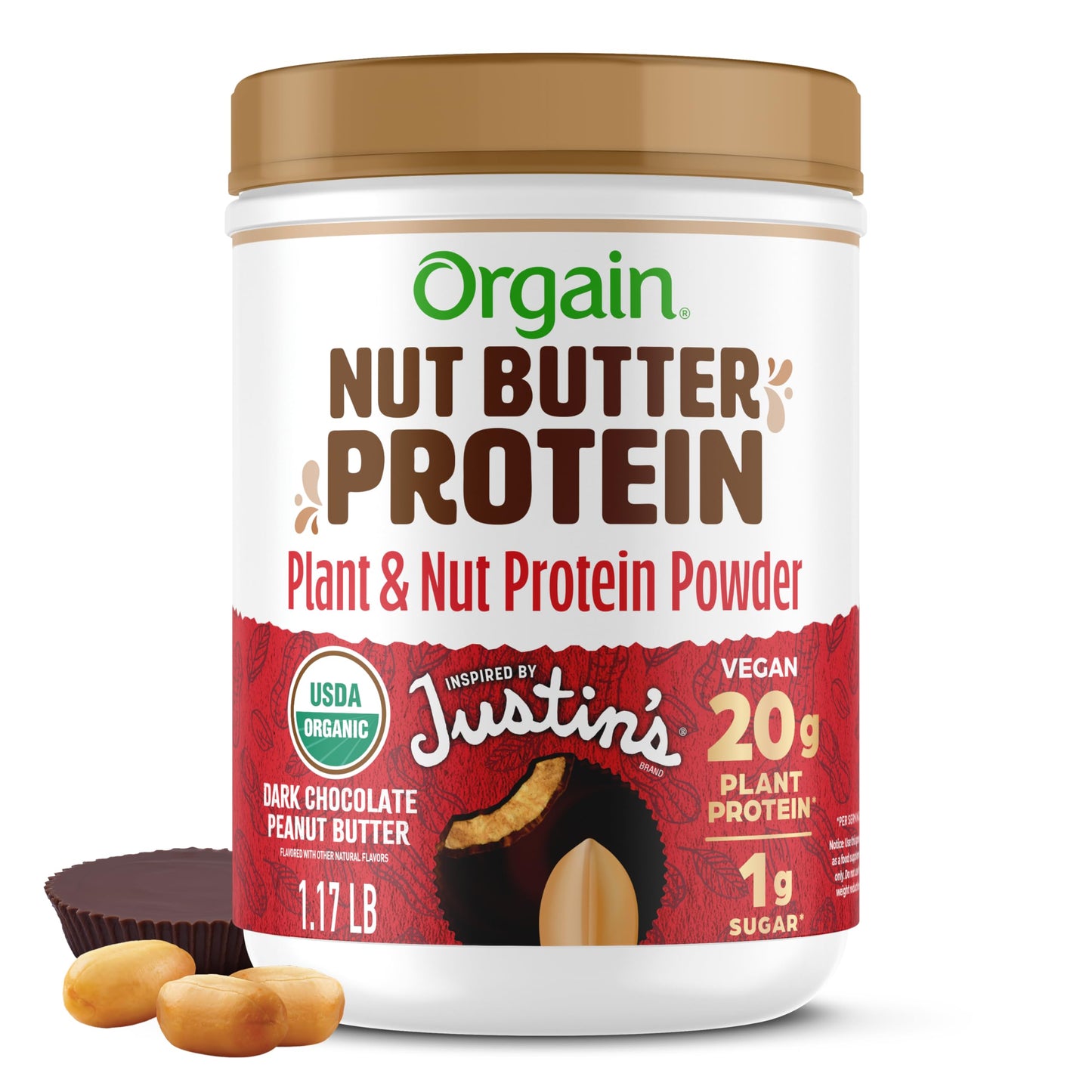 Orgain X Justin's ® Organic Vegan Nut Butter Protein Powder, Chocolate Peanut Butter- 20g Plant Protein, 1g Sugar, Gluten Free, No Dairy, Soy