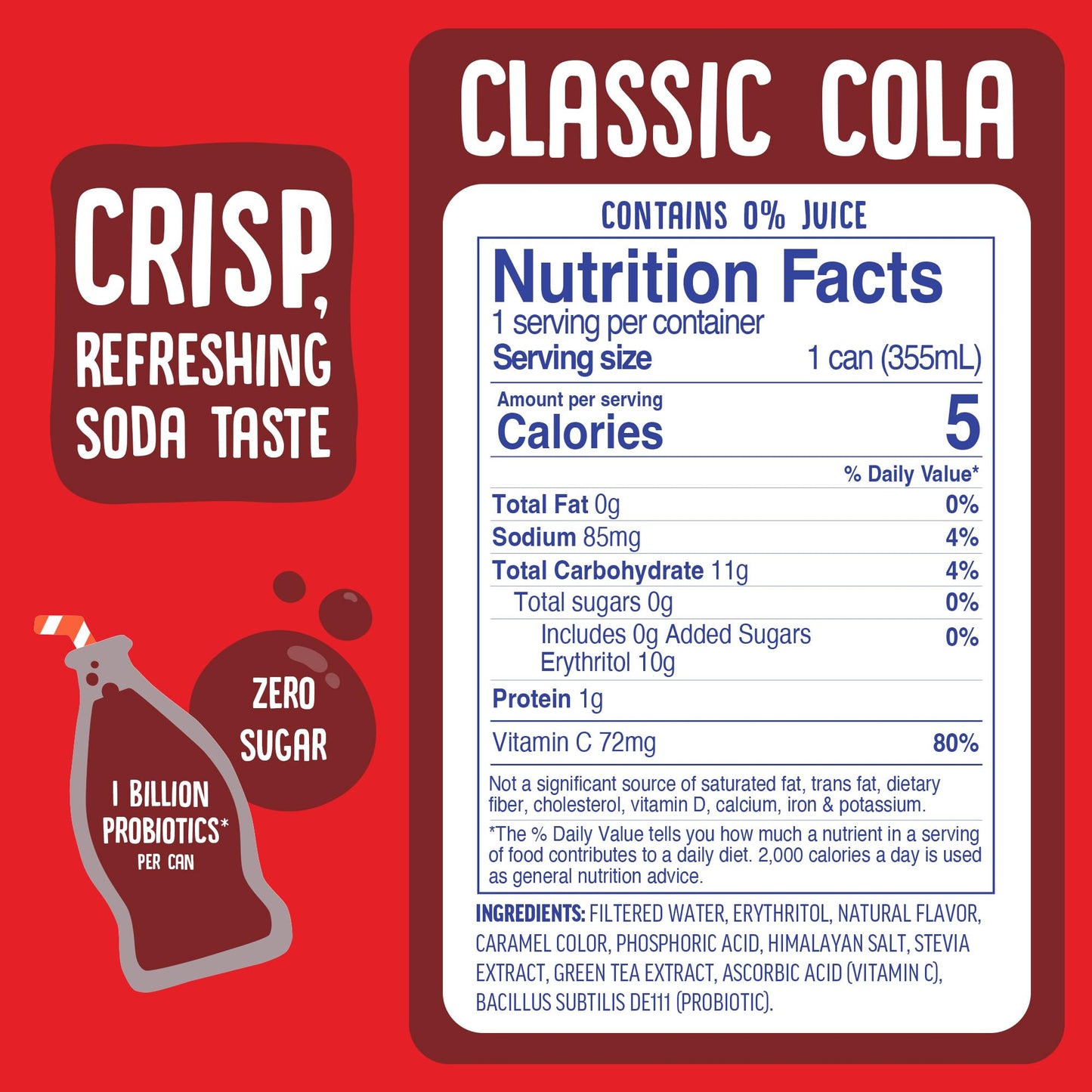 Cove Probiotic Soda, Zero Sugar Better-For-You Alternative - Refreshing, Delicious Probiotic Drink, No Synthetic Colors & Caffeine Free - Classic
