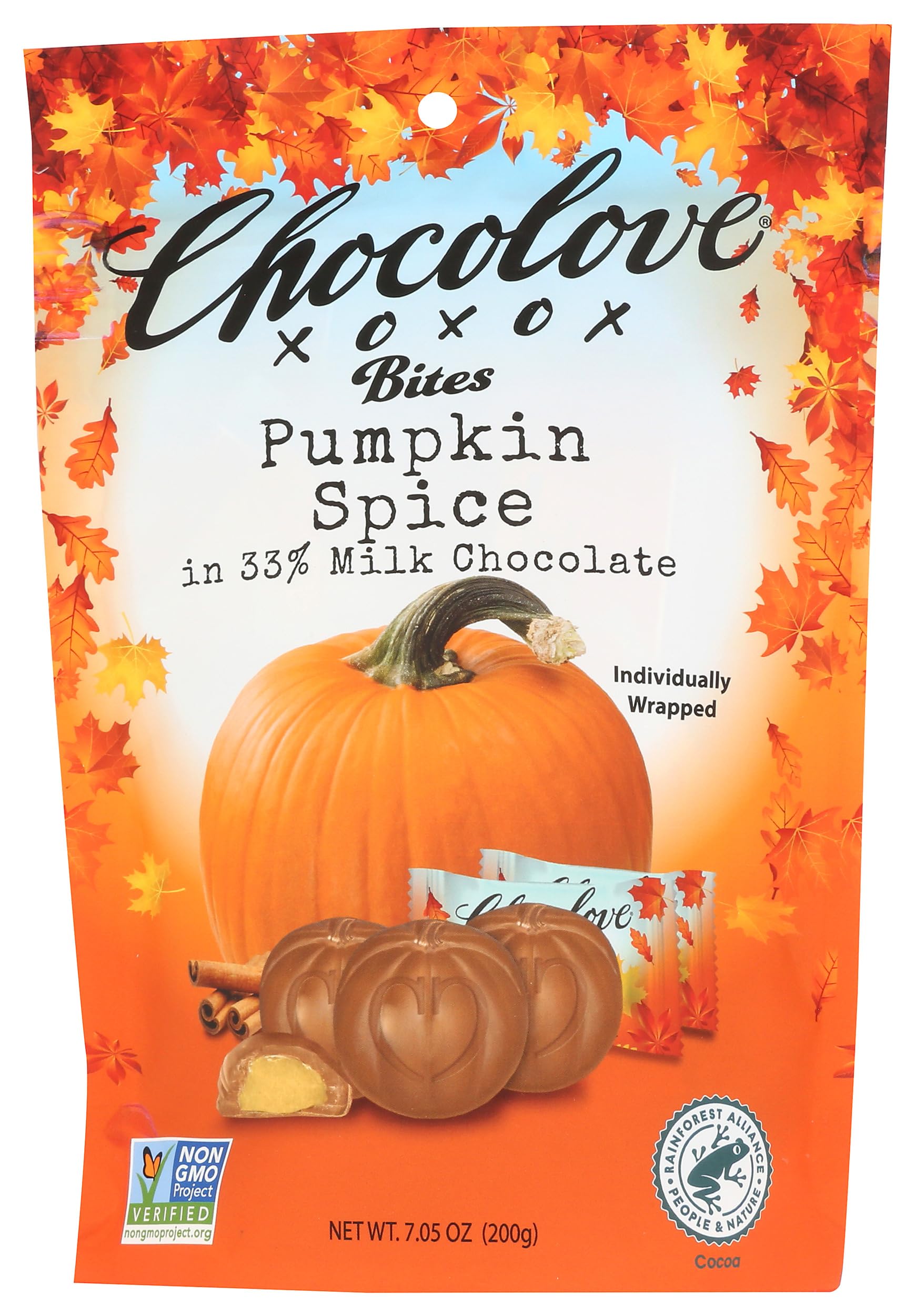 Chocolove Pumpkin Spice In Milk Chocolate Bites, 33% Cocoa | Non GMO, Rainforest Alliance Certified Cocoa, Certified Kosher | 7.05 oz Per Pack