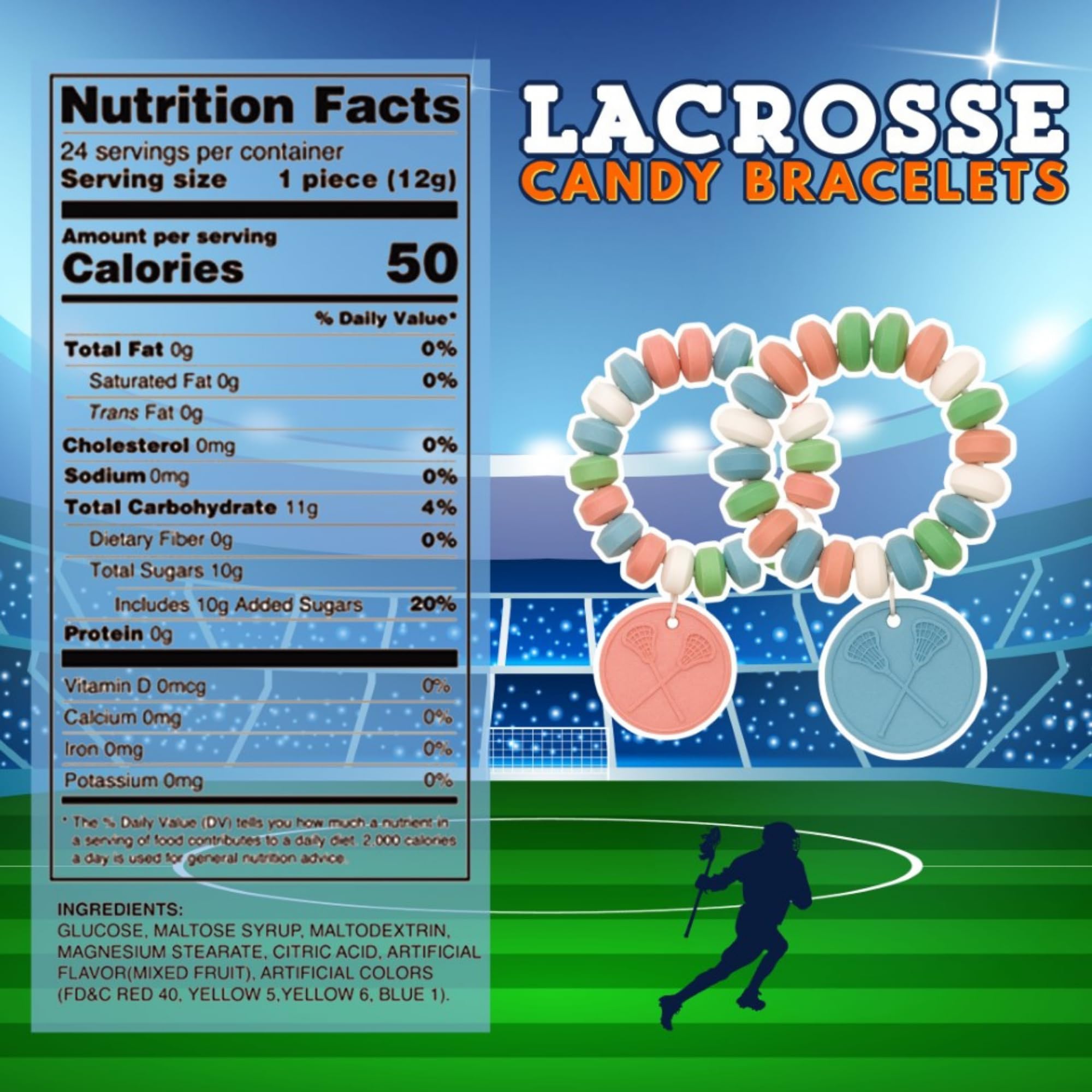 Lacrosse Candy Bracelets, Sports Themed Edible Jewelry, Team Party Favors, 24 Count, 10.16 Ounces