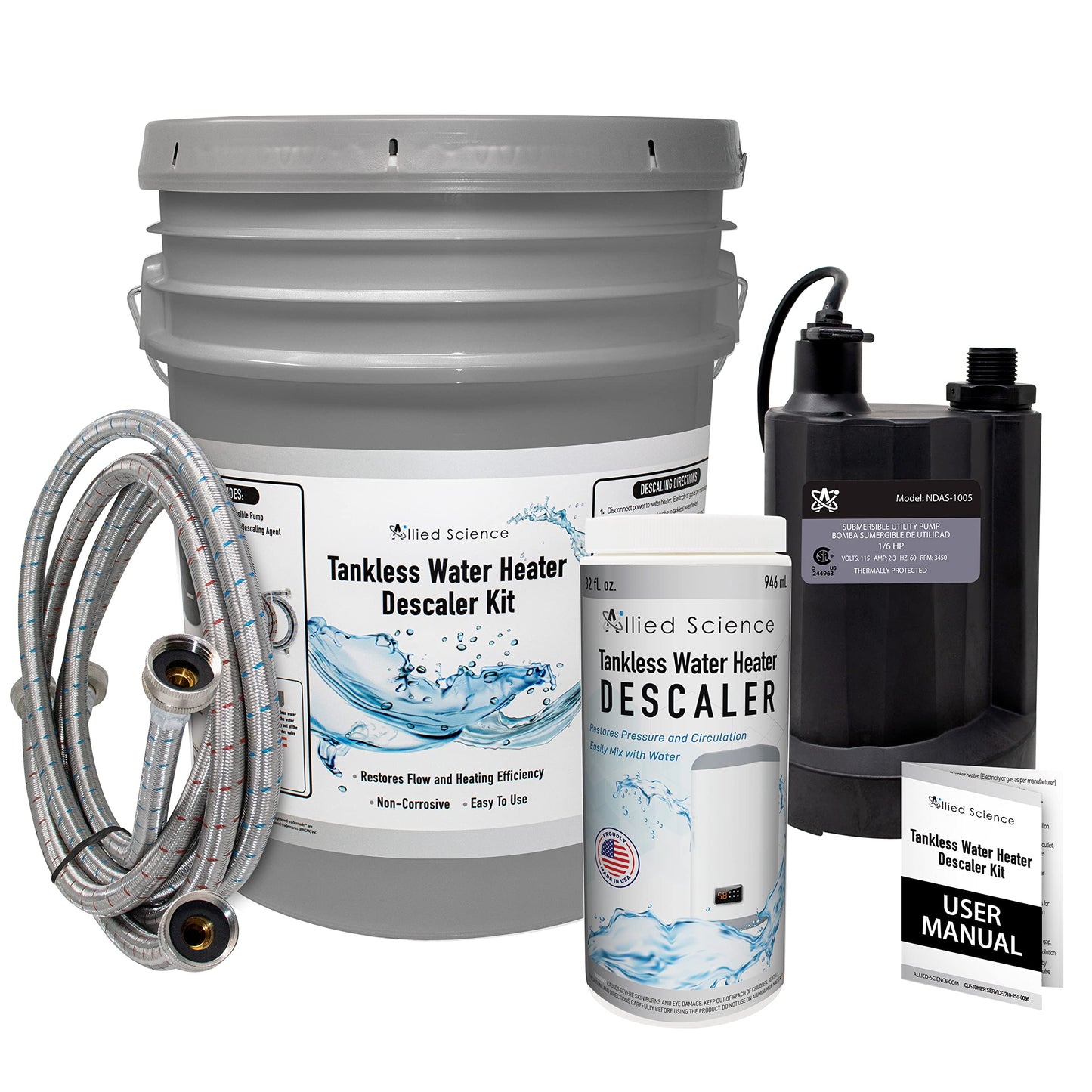 Allied Science Tankless Water Heater Flush Kit with 1.2 lbs of Descaler Powder Solution and 1/6HP Extra Strength Pump