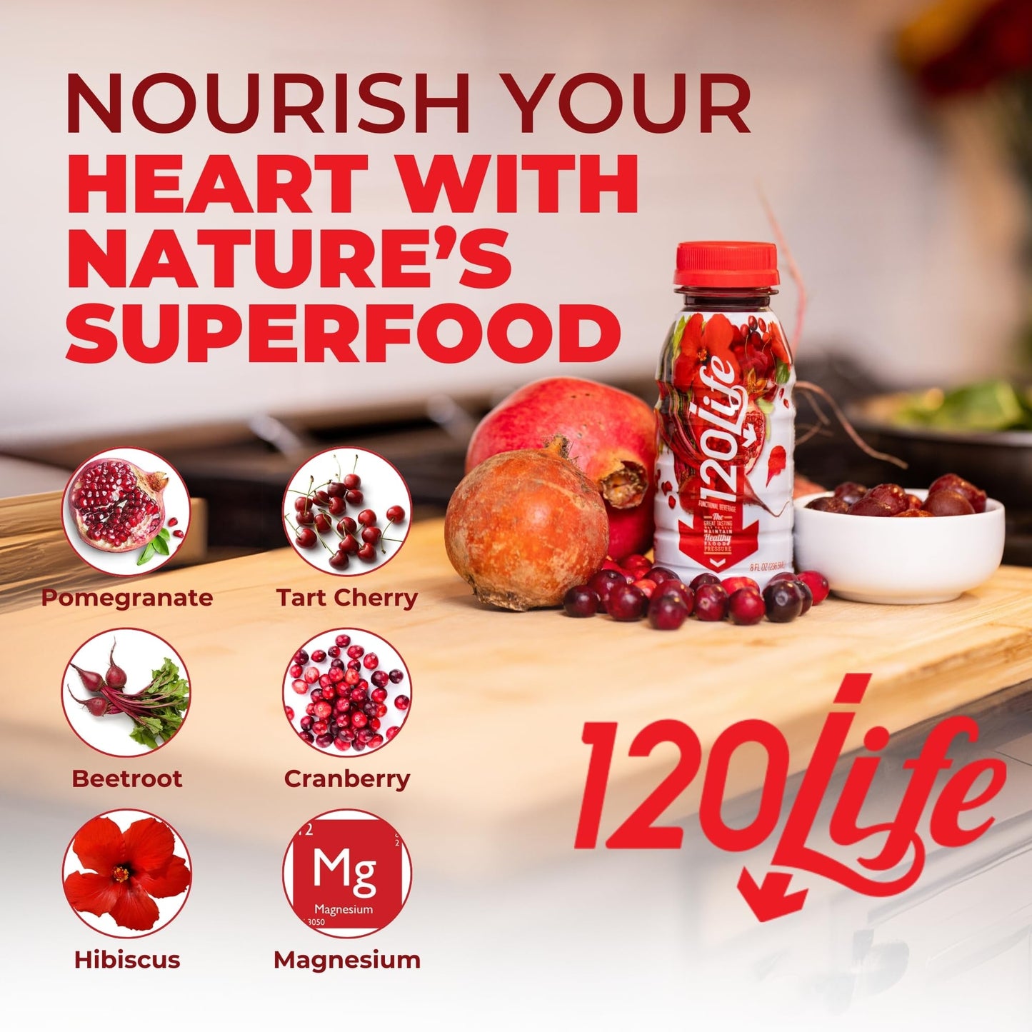 120/Life Blood Pressure Support, Beet Root Juice, Pomegranate Extract, Cranberry Juice, Tart Cherry, Hibiscus, and Magnesium (8 Fl Oz, Pack of 14)