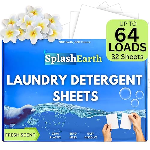 Splash Earth Laundry Detergent Sheets (64 Loads, Fresh Scent), Eco-Friendly Washer Sheets Detergent, Plastic-Free Travel Laundry Soap, 32 Strips