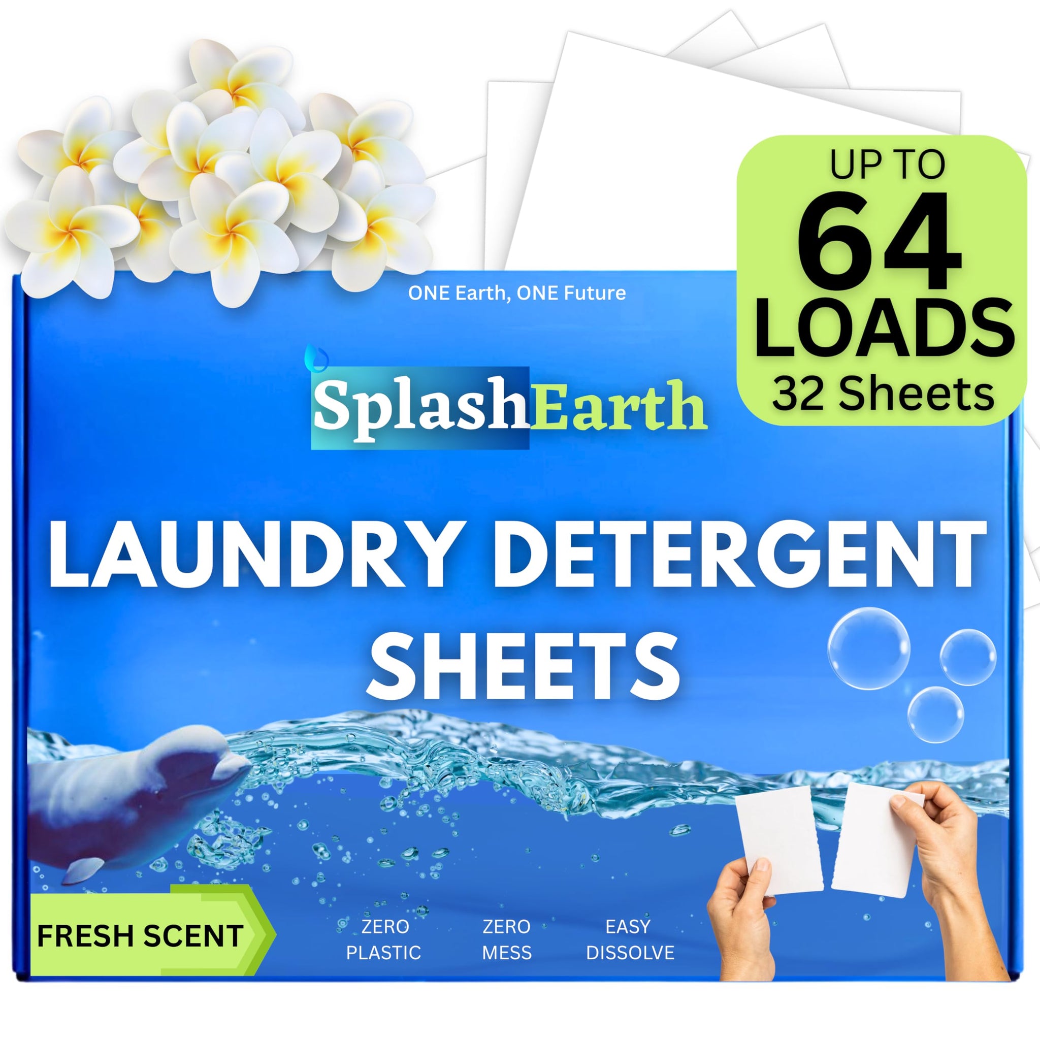 Splash Earth Laundry Detergent Sheets (64 Loads, Fresh Scent), Eco-Friendly Washer Sheets Detergent, Plastic-Free Travel Laundry Soap, 32 Strips
