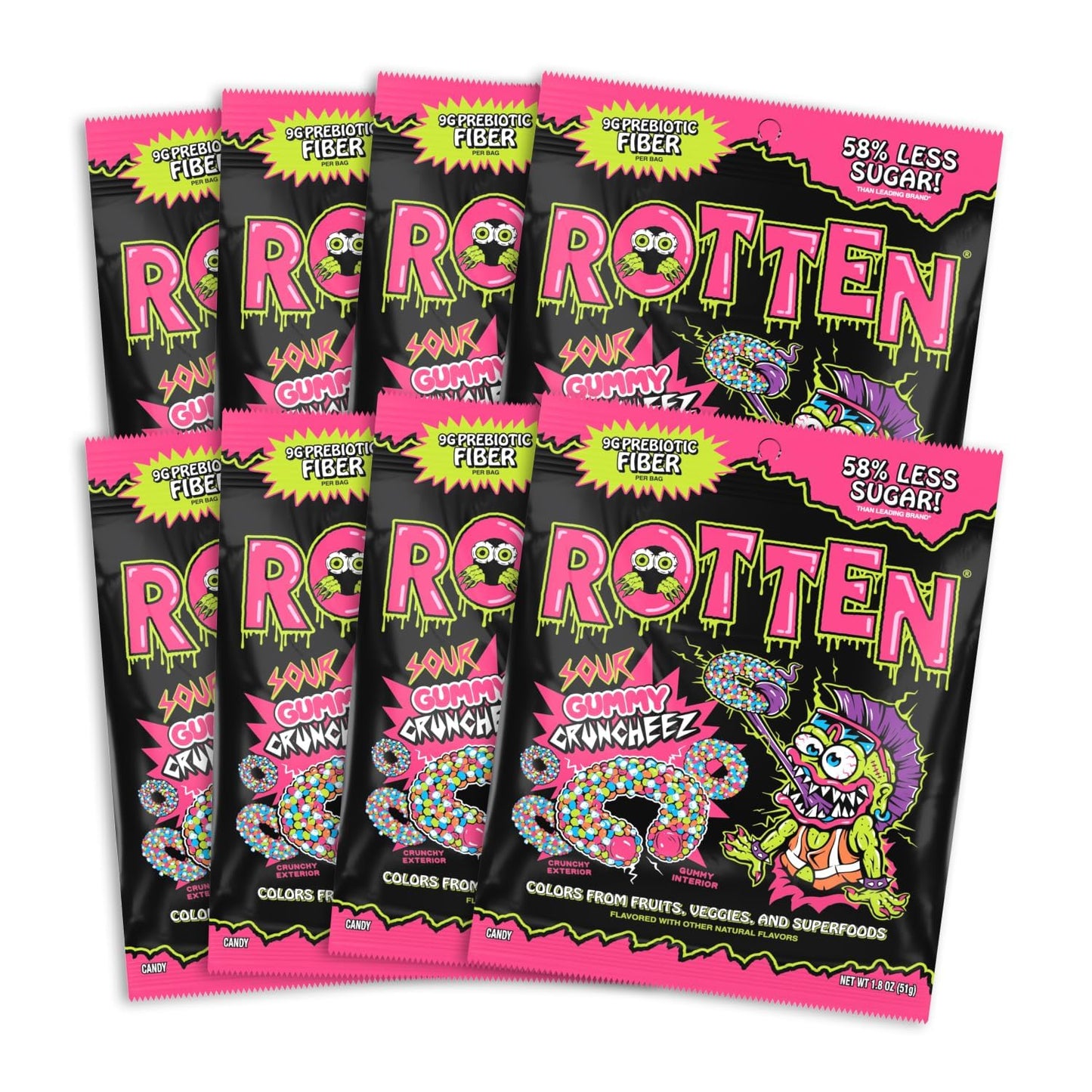 Rotten Sour Gummy Cruncheez - Low Sugar, Low Calorie, 5g Gut-Friendly Prebiotic Fiber, Gluten Free Candy, No Artificial Dyes - 1.8 oz - 8-Pack