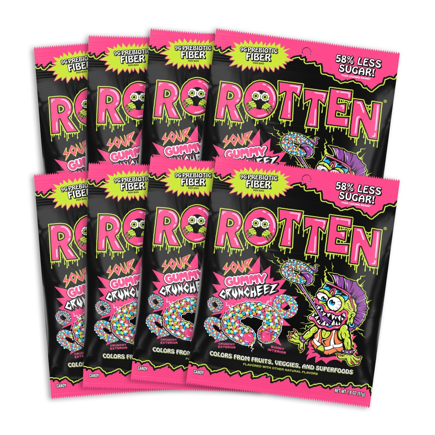 Rotten Sour Gummy Cruncheez - Low Sugar, Low Calorie, 5g Gut-Friendly Prebiotic Fiber, Gluten Free Candy, No Artificial Dyes - 1.8 oz - 8-Pack