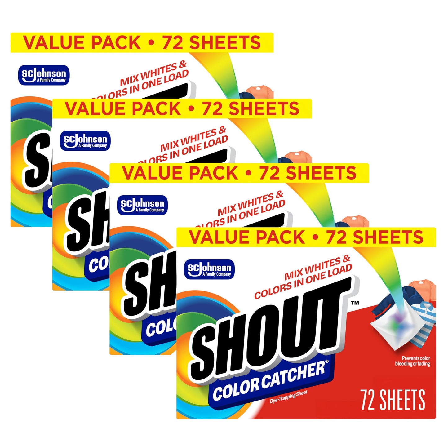 Shout Color Catcher Sheets for Laundry, Allow Mixed Washes, Prevents Color Runs and Maintains Original Clothing, 72 Count - Pack of 4 (288 Total
