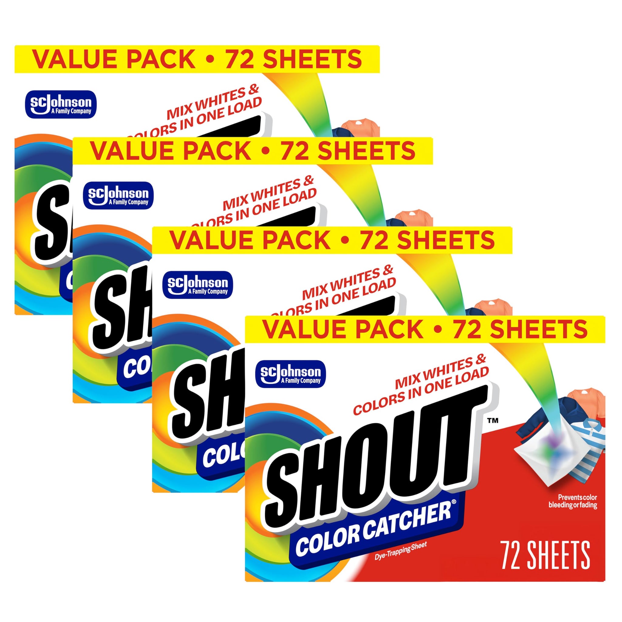 Shout Color Catcher Sheets for Laundry, Allow Mixed Washes, Prevents Color Runs and Maintains Original Clothing, 72 Count - Pack of 4 (288 Total