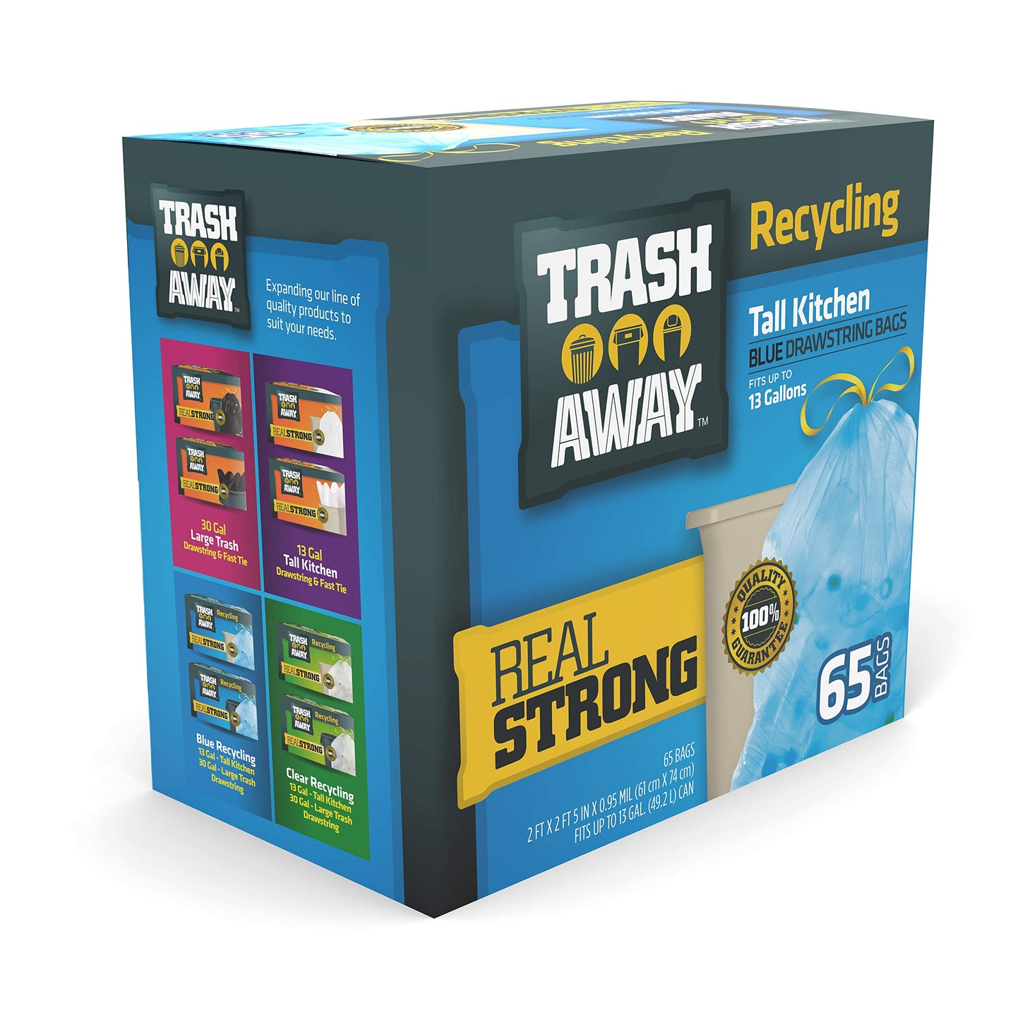 Trash Away Heavy Duty Recycling Drawstring Bags | Tall & Strong Bags for Home & Kitchen - (65 Ct, 13 Gallons) Large Trash Bags Paper,| Thick Recycle