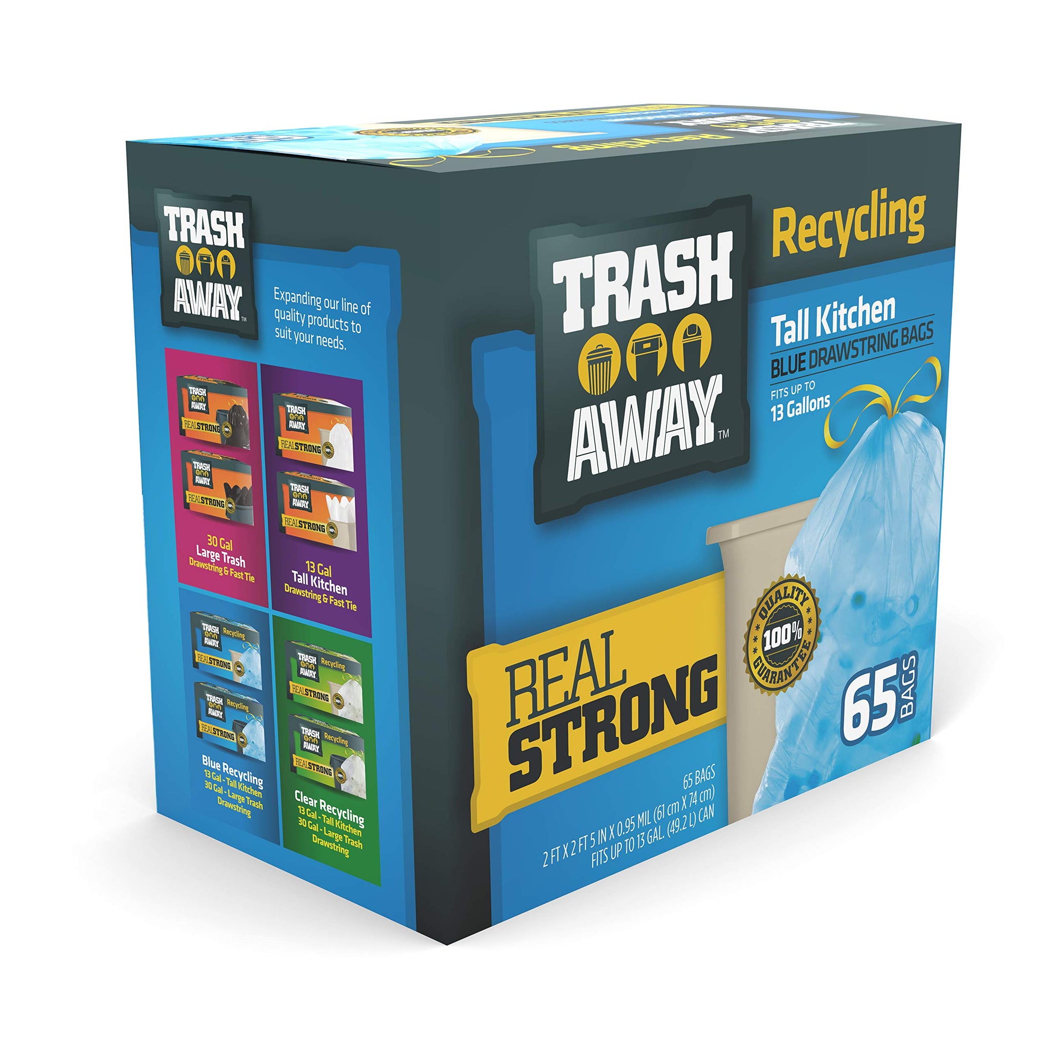 Trash Away Heavy Duty Recycling Drawstring Bags | Tall & Strong Bags for Home & Kitchen - (65 Ct, 13 Gallons) Large Trash Bags Paper,| Thick Recycle