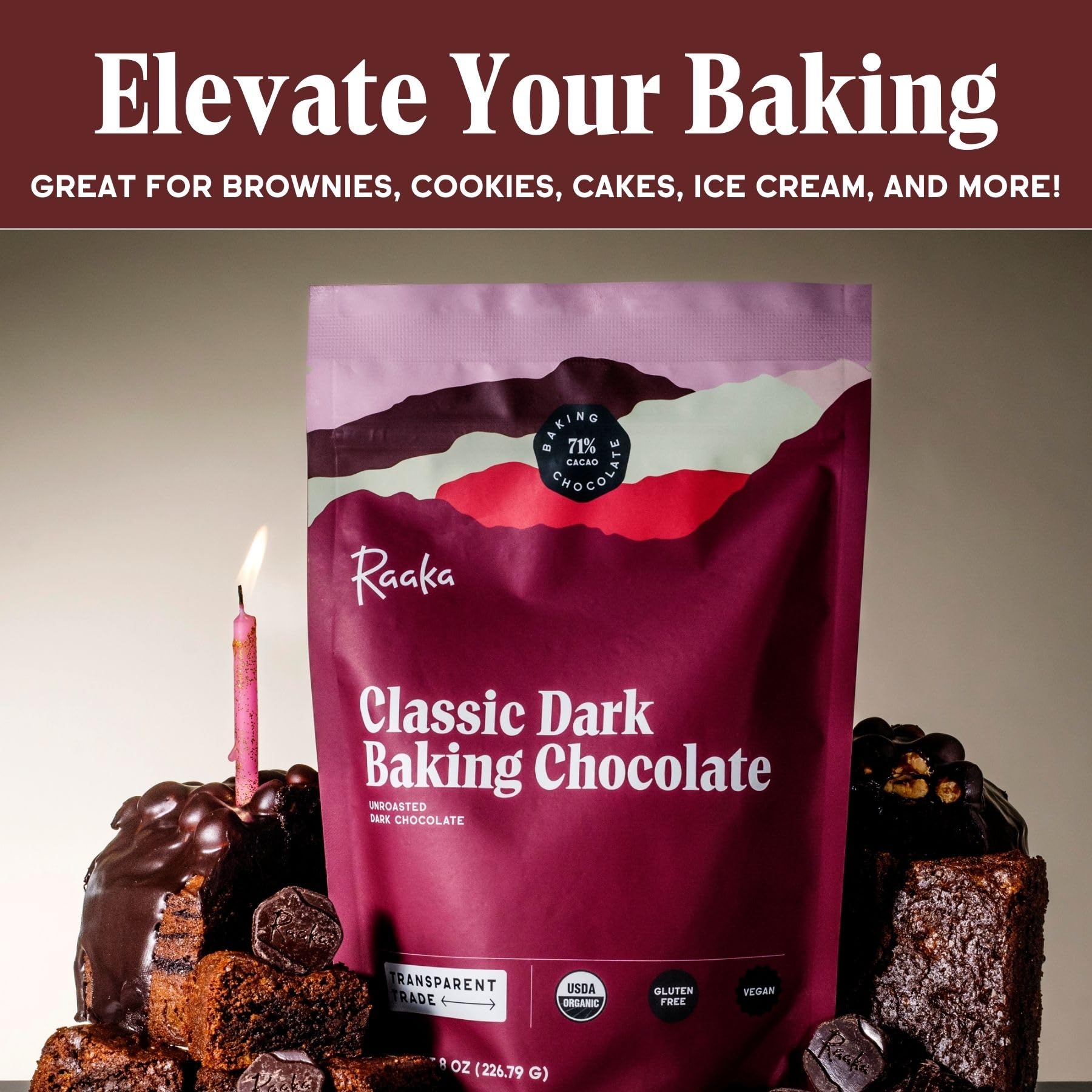 Raaka Organic Baking Chocolate - 71% Cacao Bittersweet Dark Chocolate - Allergen Friendly, Dairy Free, Nut Free, Kosher, Vegan Baking Chips - One 8oz Resealable Bag