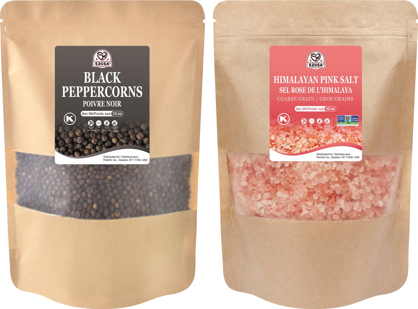 52USA Whole Black Peppercorns 12 oz + Himalayan Pink Salt (Coarse Grain) 2 lb - Salt and Pepper Grinder, Black Peppercorn Refil, Pink Himalayan Sea