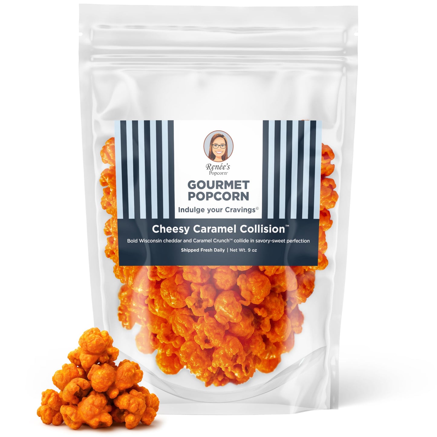 Renée’s Cheesy Caramel Collision™ Connoisseur Popcorn™ - buttery caramel corn drenched in bold Wisconsin cheddar - satisfies sweet and cheesy popcorn