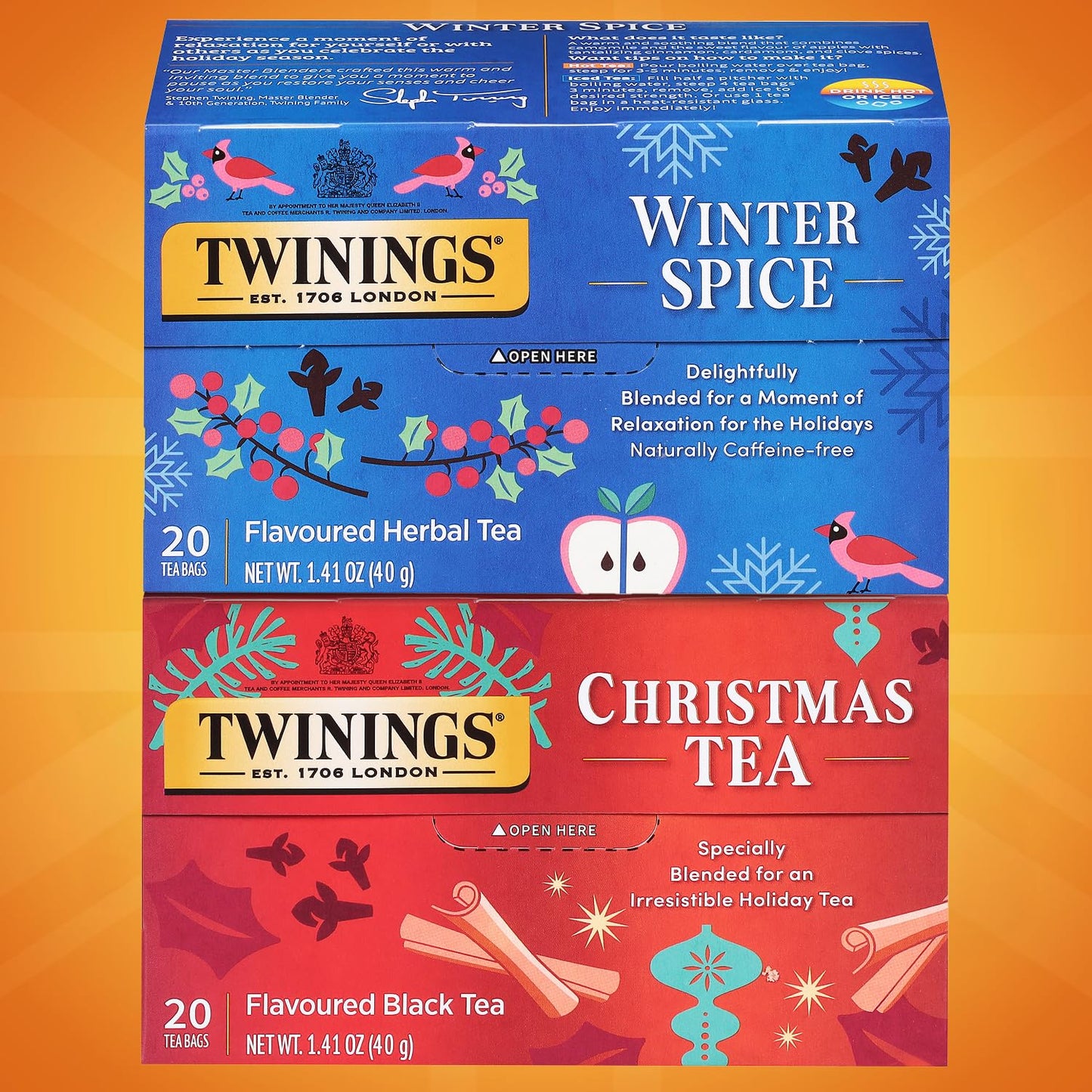 Twinings Holiday Sweet & Spicy Tea Variety 2-Pack - Caffeinated Tea and Caffeine-Free Winter Spice Herbal, Christmas Gift, 20 Tea Bags Ea
