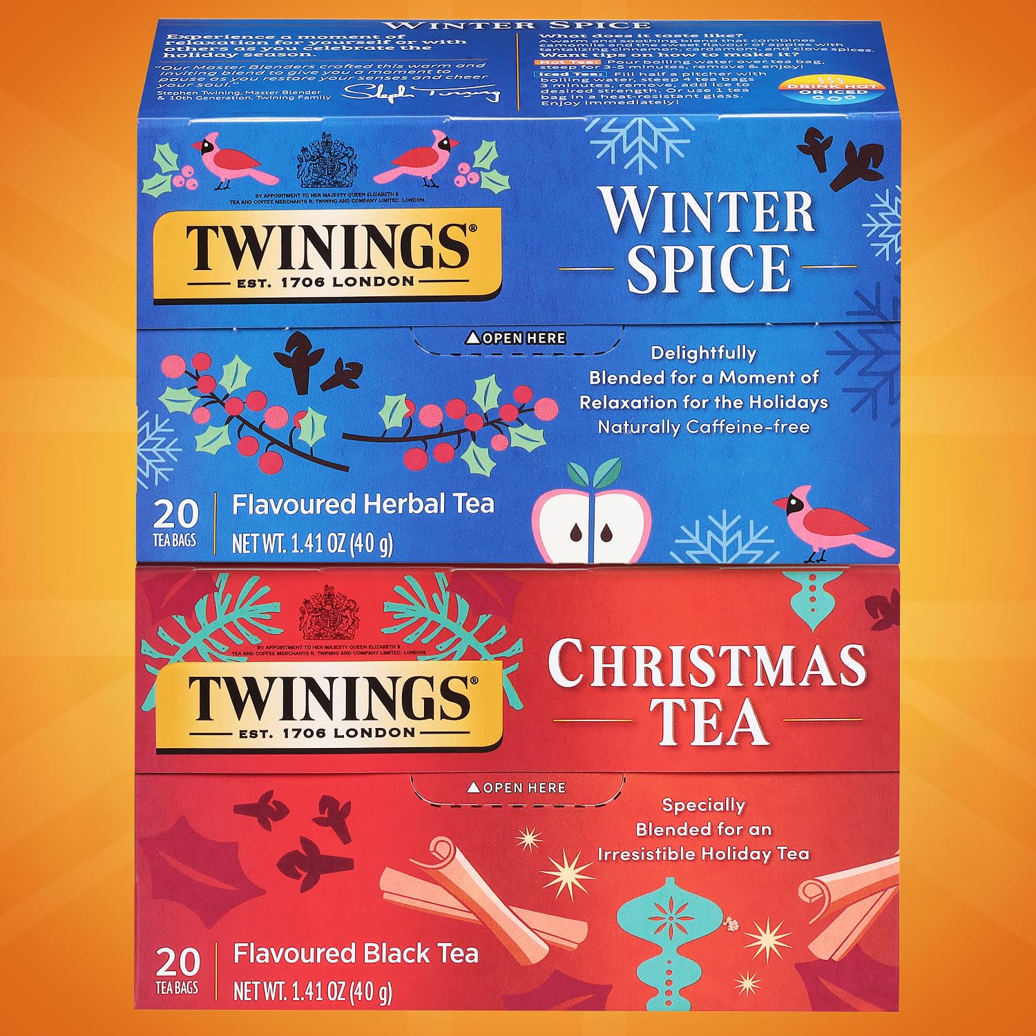 Twinings Holiday Sweet & Spicy Tea Variety 2-Pack - Caffeinated Tea and Caffeine-Free Winter Spice Herbal, Christmas Gift, 20 Tea Bags Ea