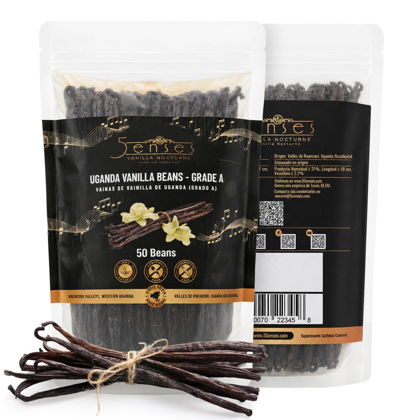 5Senses Uganda Vanilla Beans | Grade A Gourmet Whole Pods | Single Origin (Rwenzori Valleys) | High Vanillin (~2.5%) & Moisture (~30%) | 17-19cm Long