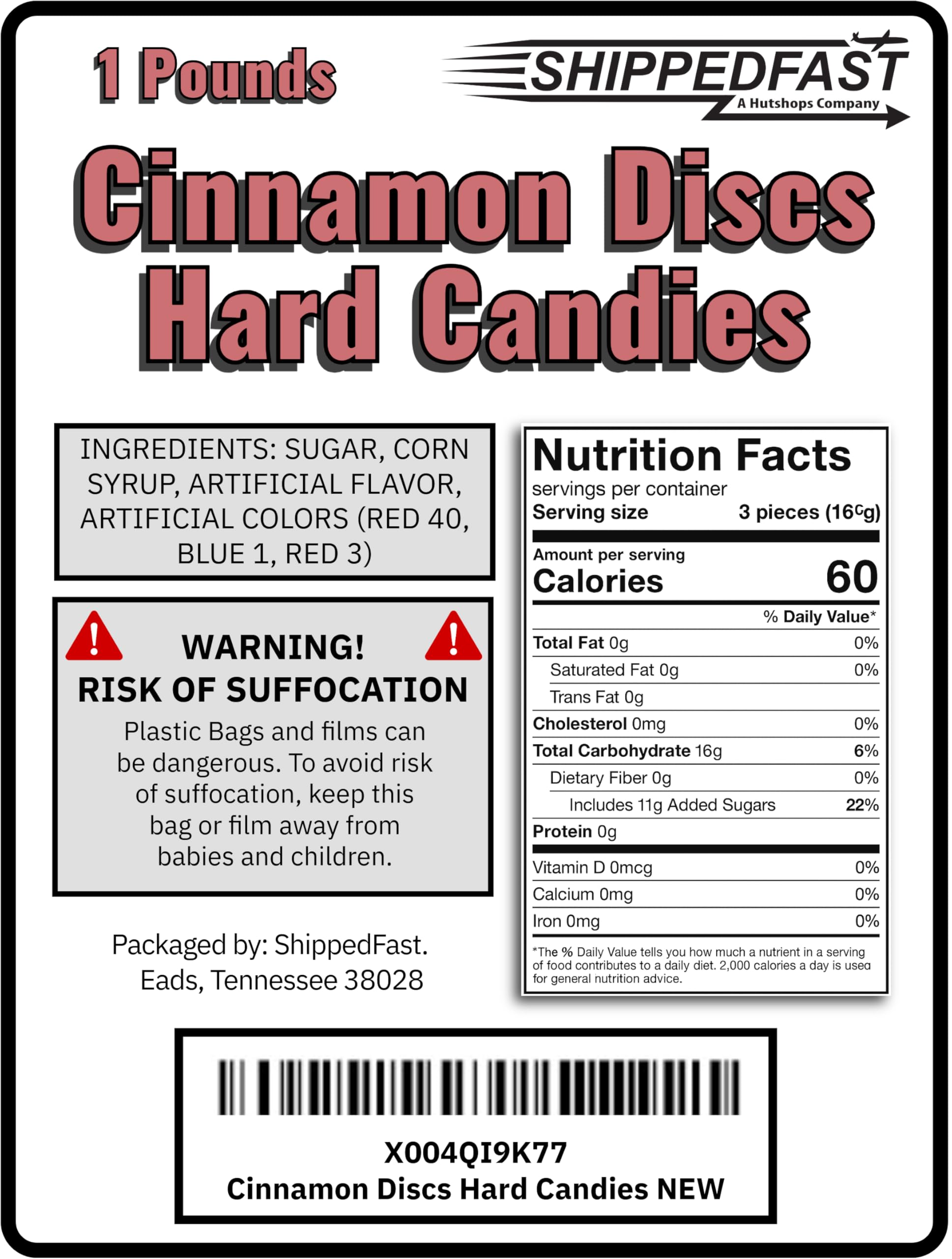 Cinnamon Discs Hard Candies - (1 Pound Bag) of Individually Wrapped Red Cinnamon Candy Disks.(16oz.)