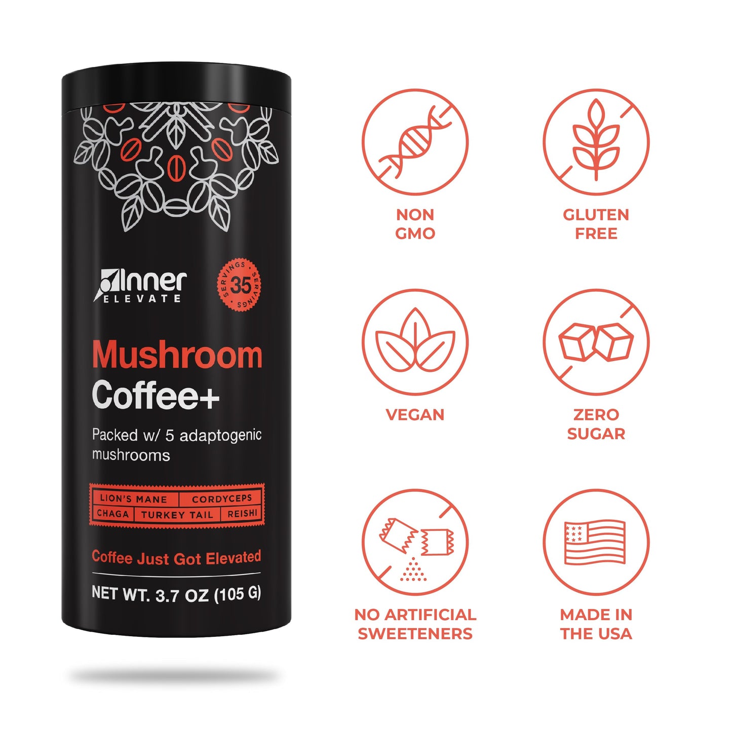 Inner Elevate Mushroom Coffee Superfood with 5 Adaptogenic Mushrooms - Upgraded Coffee Alternative with Half Caffeine - Arabica with Lion's Mane
