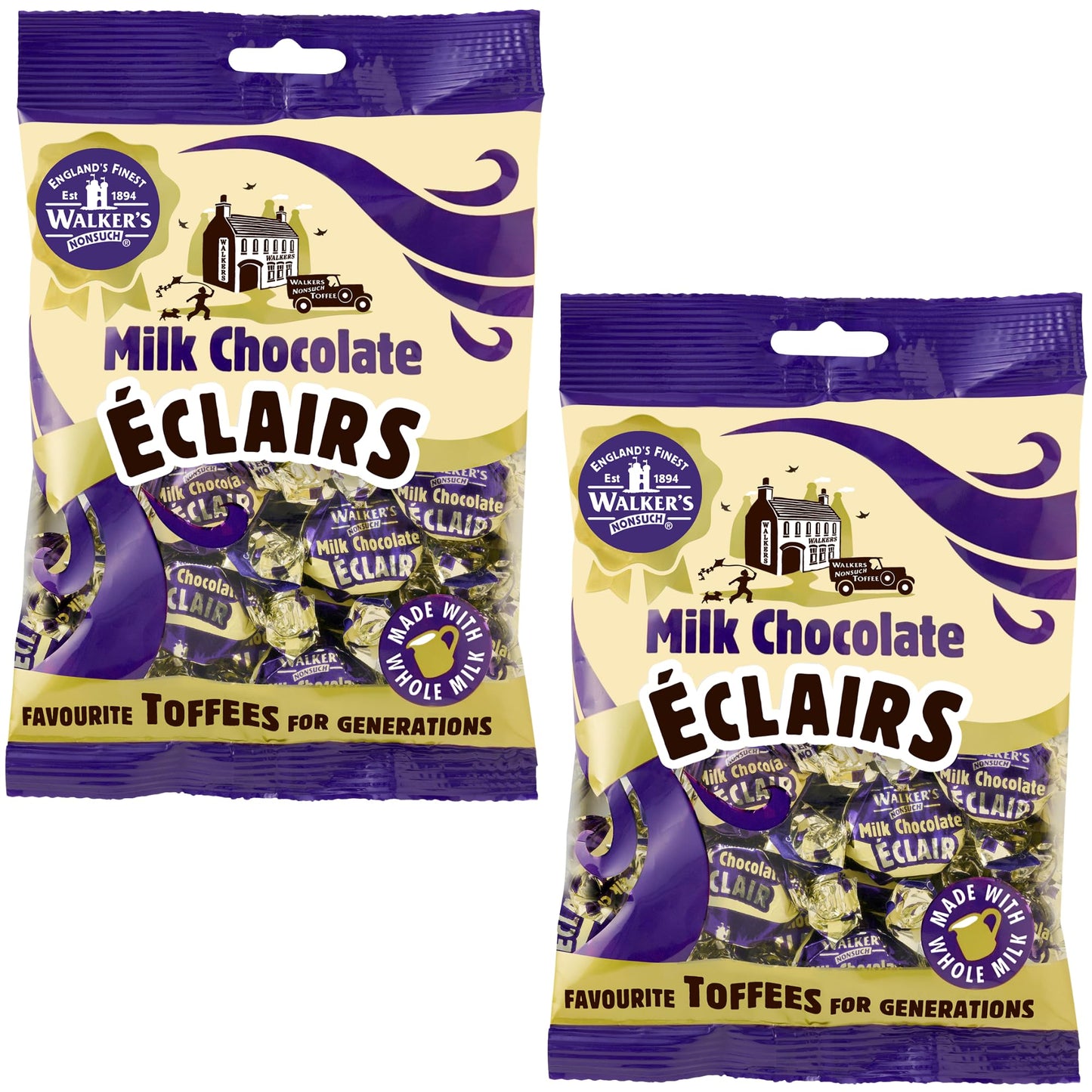 Walkers Nonsuch Milk Chocolate Eclairs 5.29 oz (Pack of 2) - Traditional British Chewy Butter Toffee Candy, Classic English Creamy Toffee Sweets