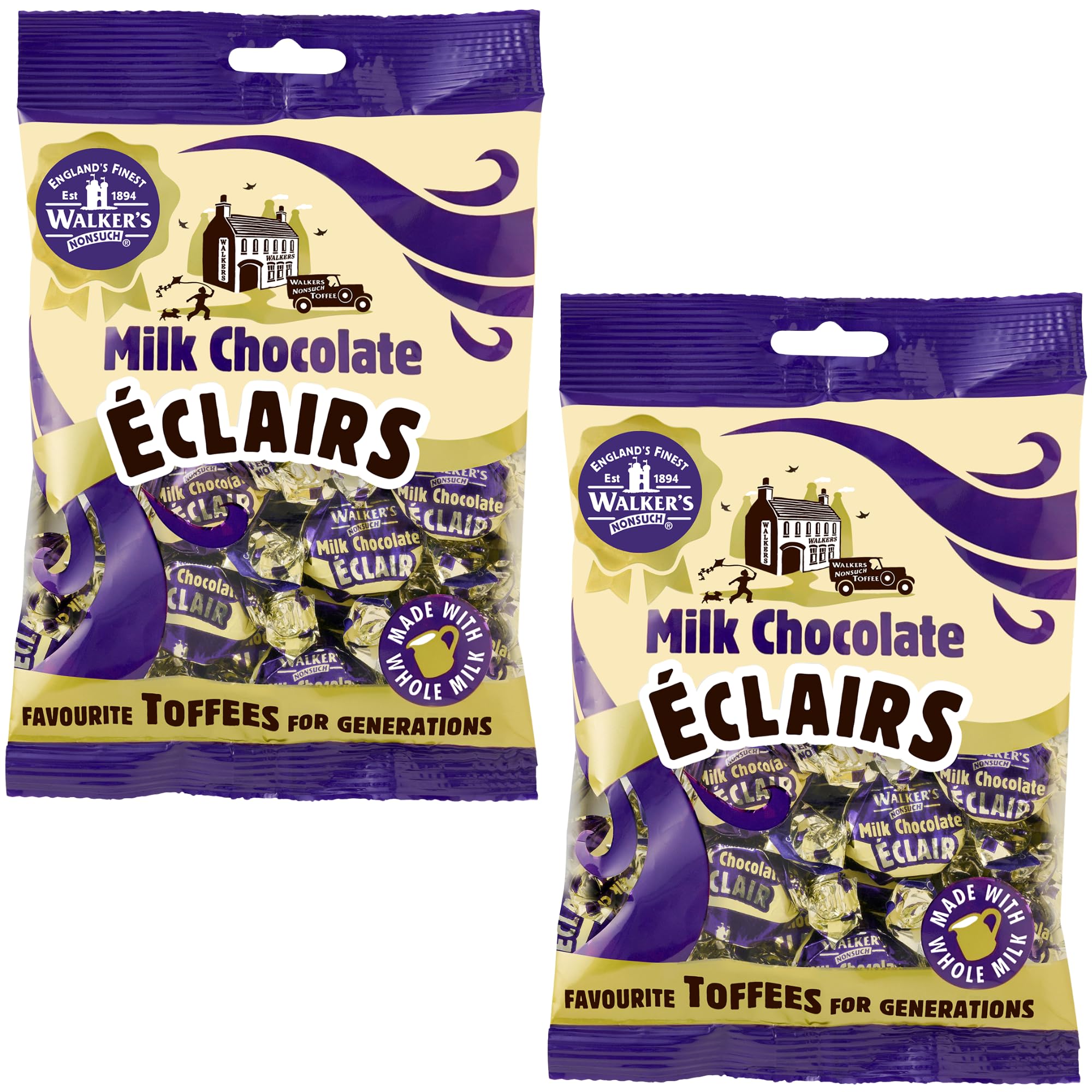Walkers Nonsuch Milk Chocolate Eclairs 5.29 oz (Pack of 2) - Traditional British Chewy Butter Toffee Candy, Classic English Creamy Toffee Sweets