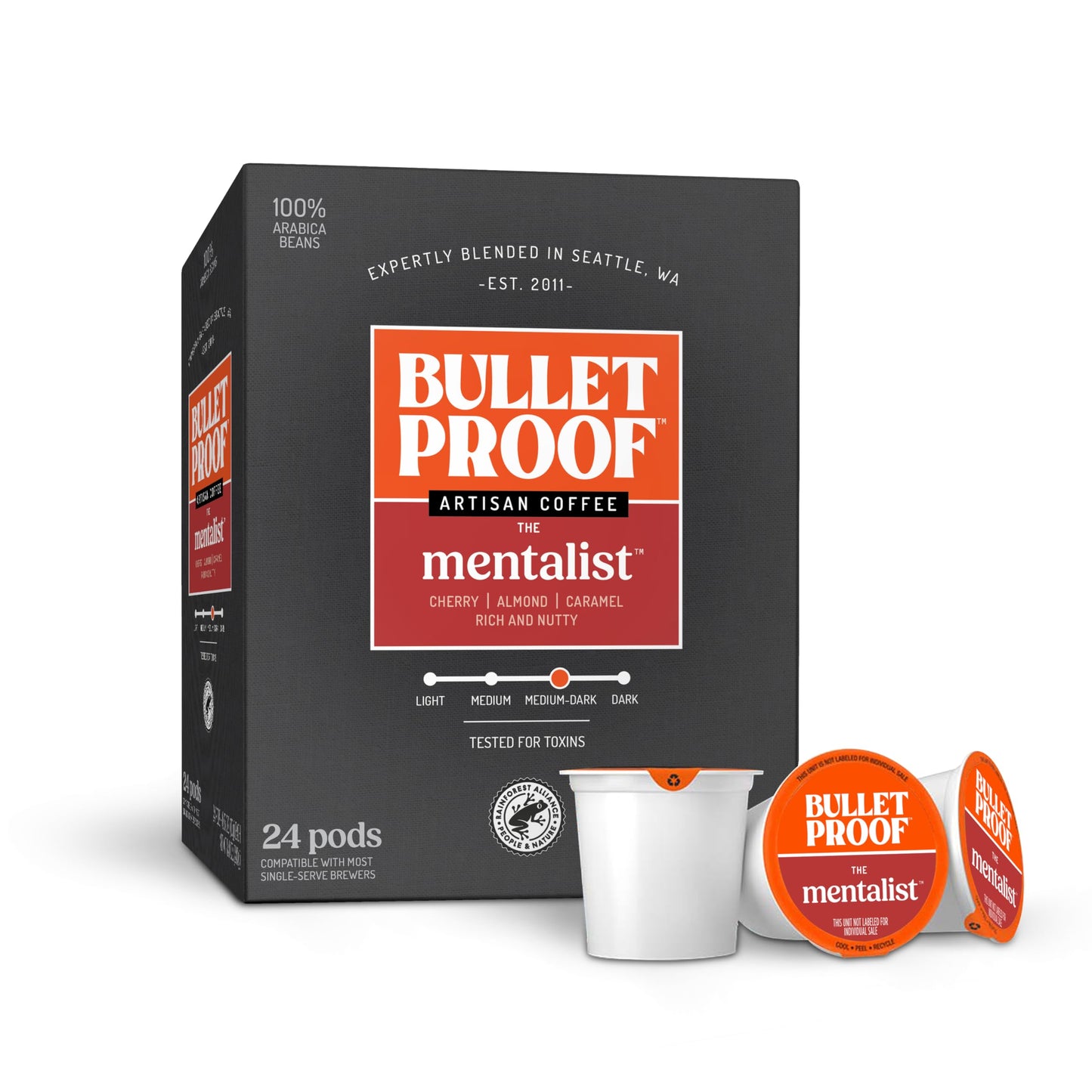 Bulletproof The Mentalist Medium-Dark Roast Single-Serve Pods, 24 Count, Clean Coffee Tested for Toxins