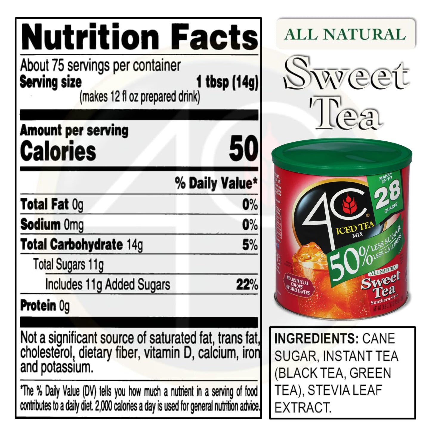 4C Reduced Sugar Powdered Drink Mix Canisters, Iced Tea, 28 Quarts, Family Sized Canister, Thirst Quenching & Refreshing Flavors (Sweet Tea, 36.9