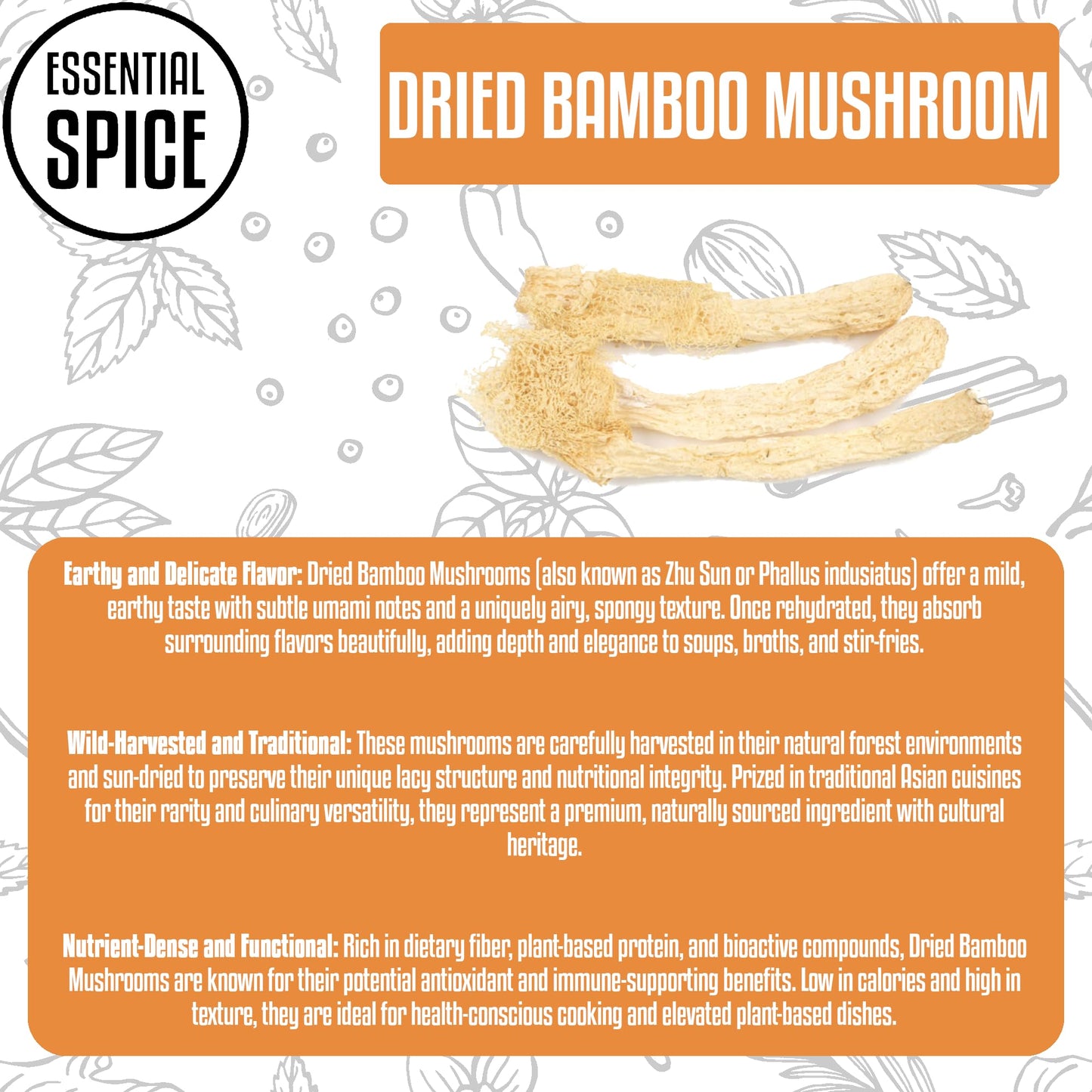 Essential Spice Dried Bamboo Mushrooms, 4 oz - Delicate Texture & Mild Earthy Flavor - Ideal for Soups, Stir-Fries, Hot Pots & Asian Cuisine - Unique