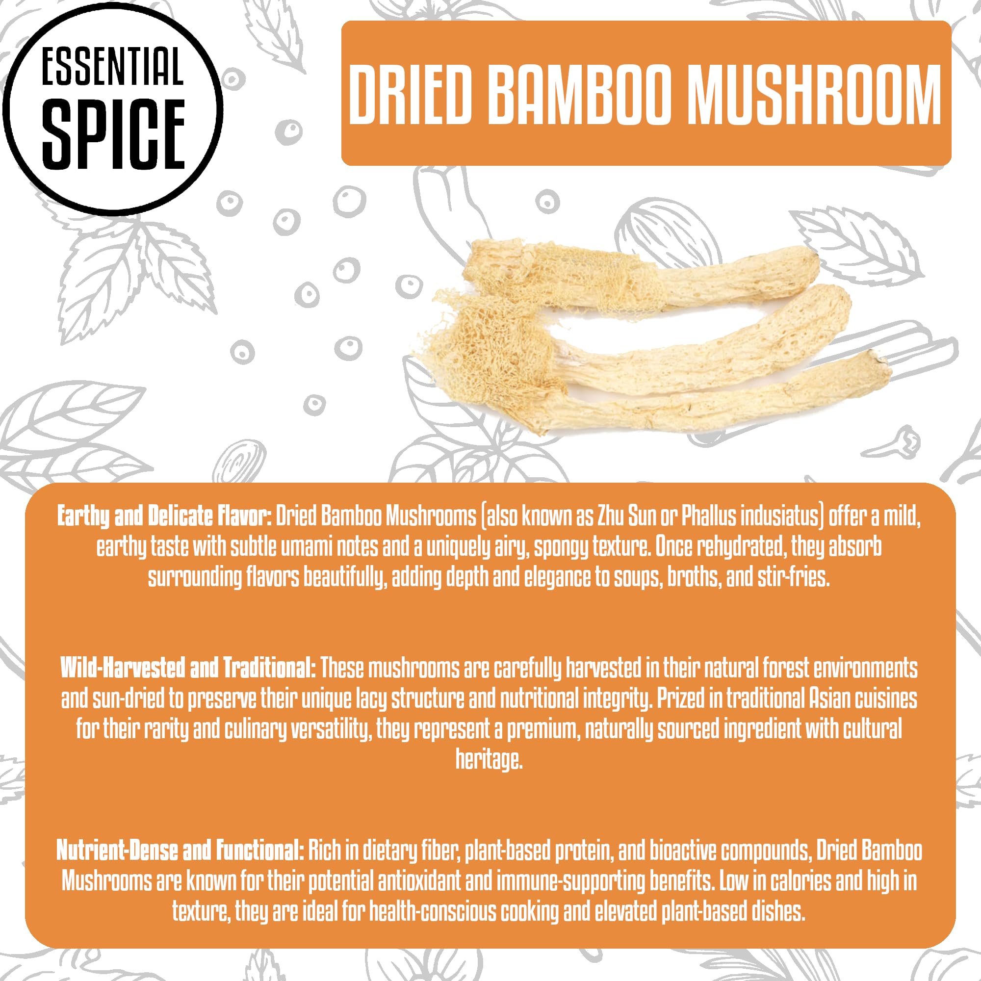 Essential Spice Dried Bamboo Mushrooms, 4 oz - Delicate Texture & Mild Earthy Flavor - Ideal for Soups, Stir-Fries, Hot Pots & Asian Cuisine - Unique