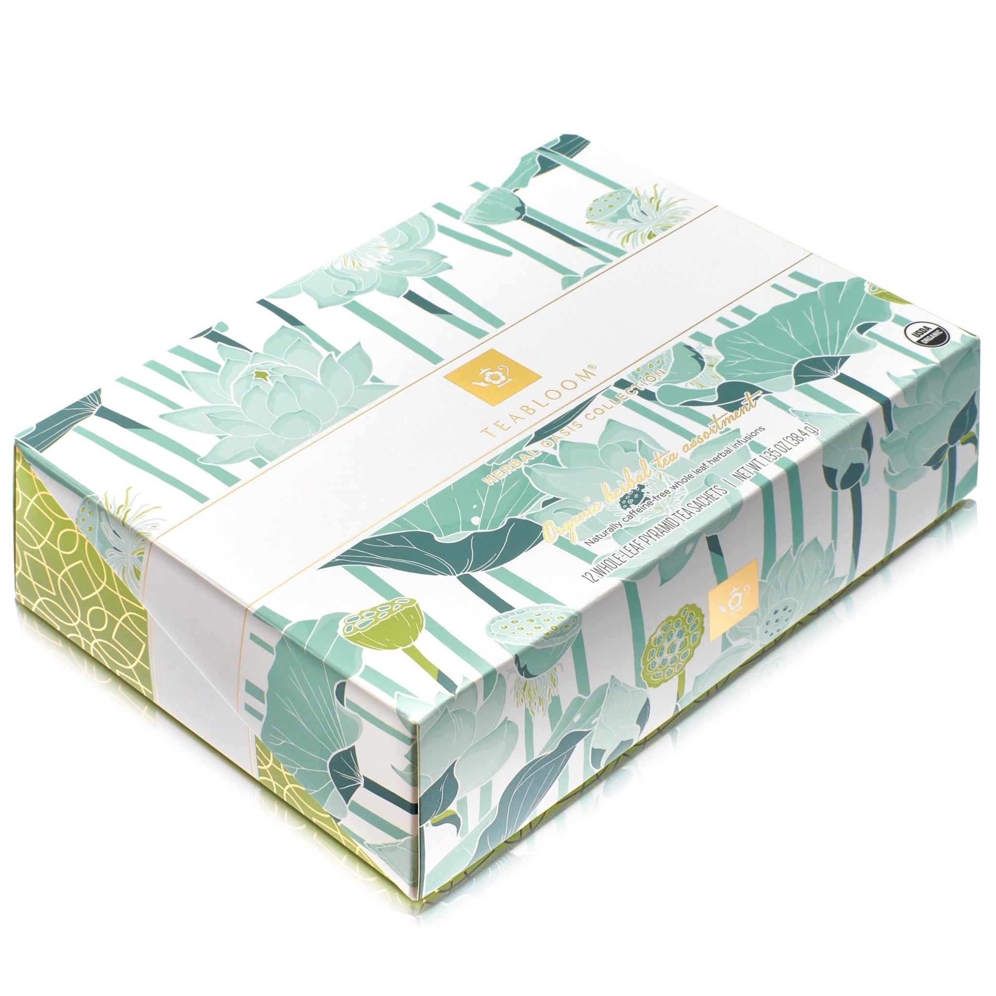 Teabloom Organic Herbal Oasis Pyramid Tea Presentation Box, 12 Assorted Herbal Tea Blends, USDA Certified Organic Whole-Leaf Pyramid Tea Sachets