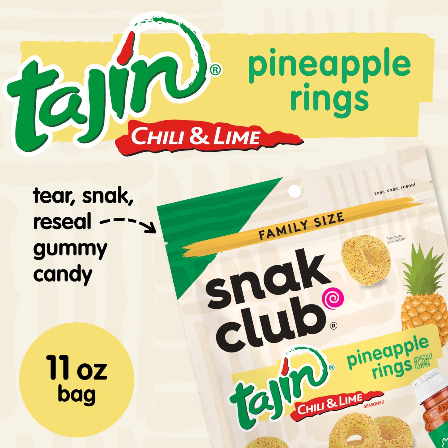 Snak Club Tajin Pineapple Rings Gummy Candy, Fruit Candy Gummies with Chili and Lime Seasoning, Mild, Gluten-Free and Vegan Snacks, 11 oz Resealable