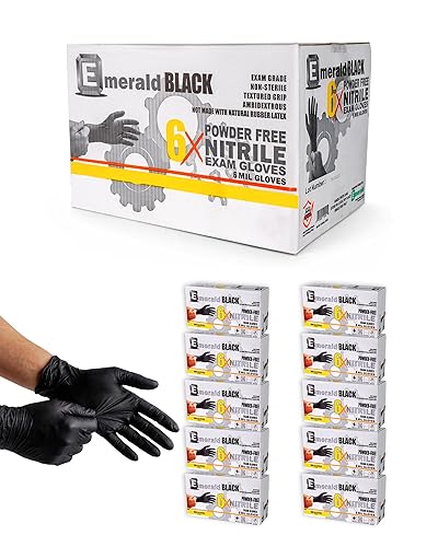 Emerald Case of 1000 - 6X Black 6 Mil Nitrile Exam Gloves, Fentanyl Tested, Latex & Powder Free (XLarge)