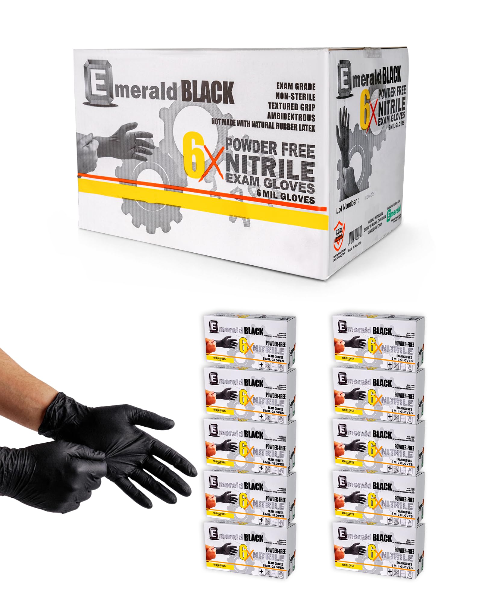 Emerald Case of 1000 - 6X Black 6 Mil Nitrile Exam Gloves, Fentanyl Tested, Latex & Powder Free (XLarge)