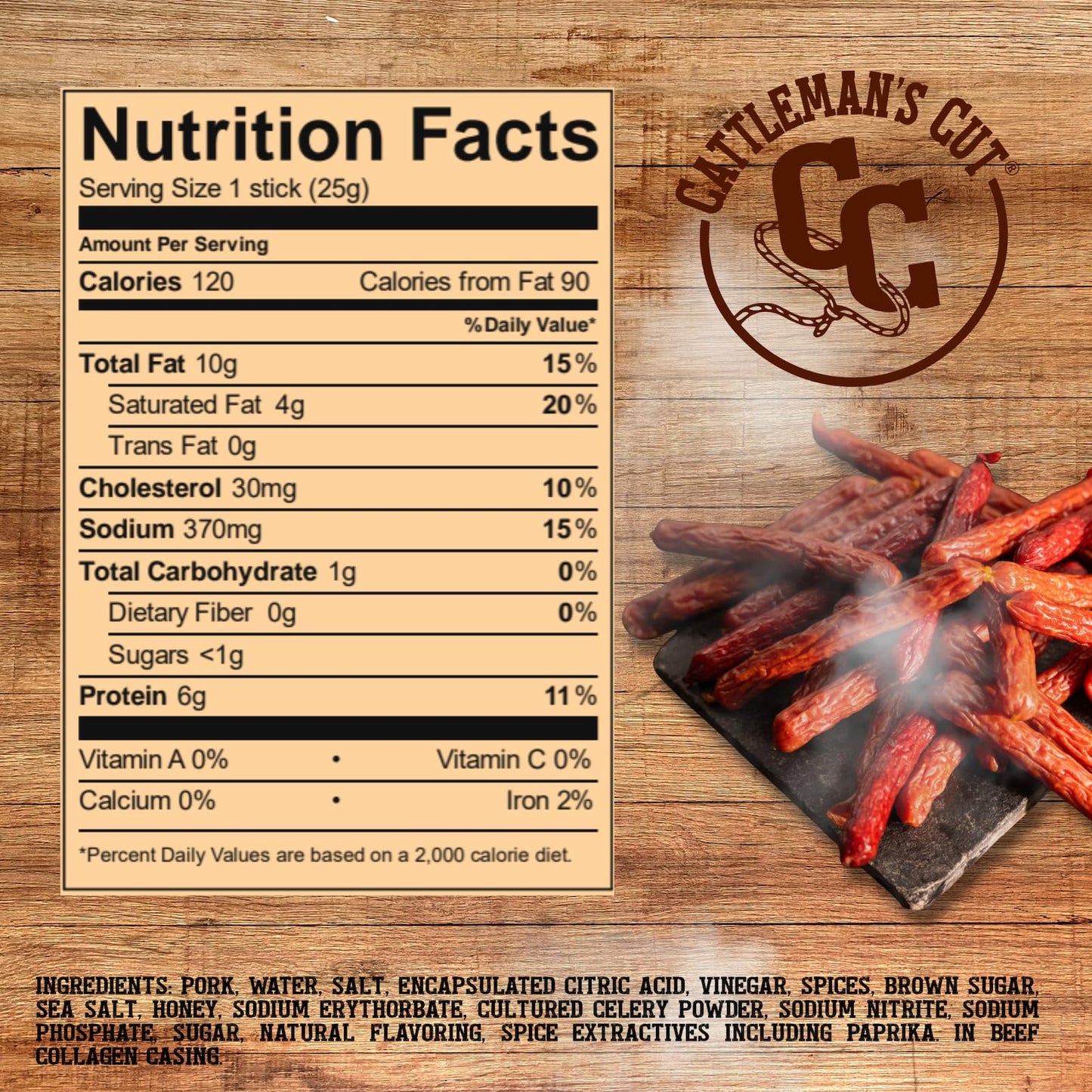 Cattleman's Cut Double Smoked Sausages Meat Sticks, Premium Protein Snacks, Keto Friendly, Gluten Free, Carnivore Travel Snack, Resealable Bag, 12