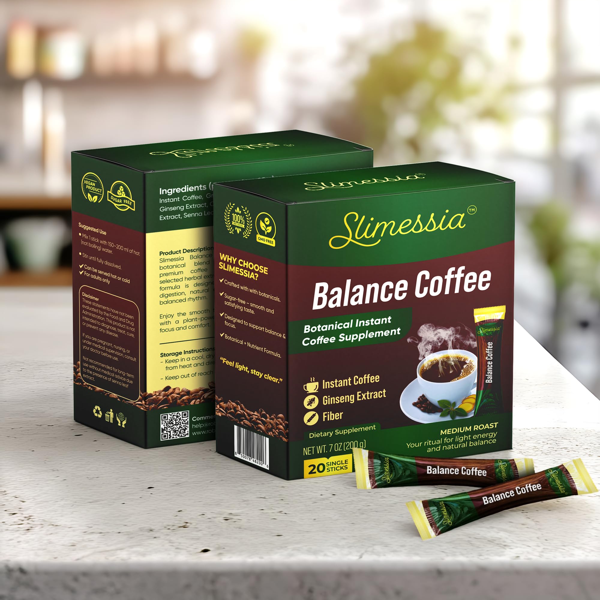 Slimessia Balance Coffee, Medium Roast Instant Coffee with Botanicals, 20 Single Sticks, 7 oz