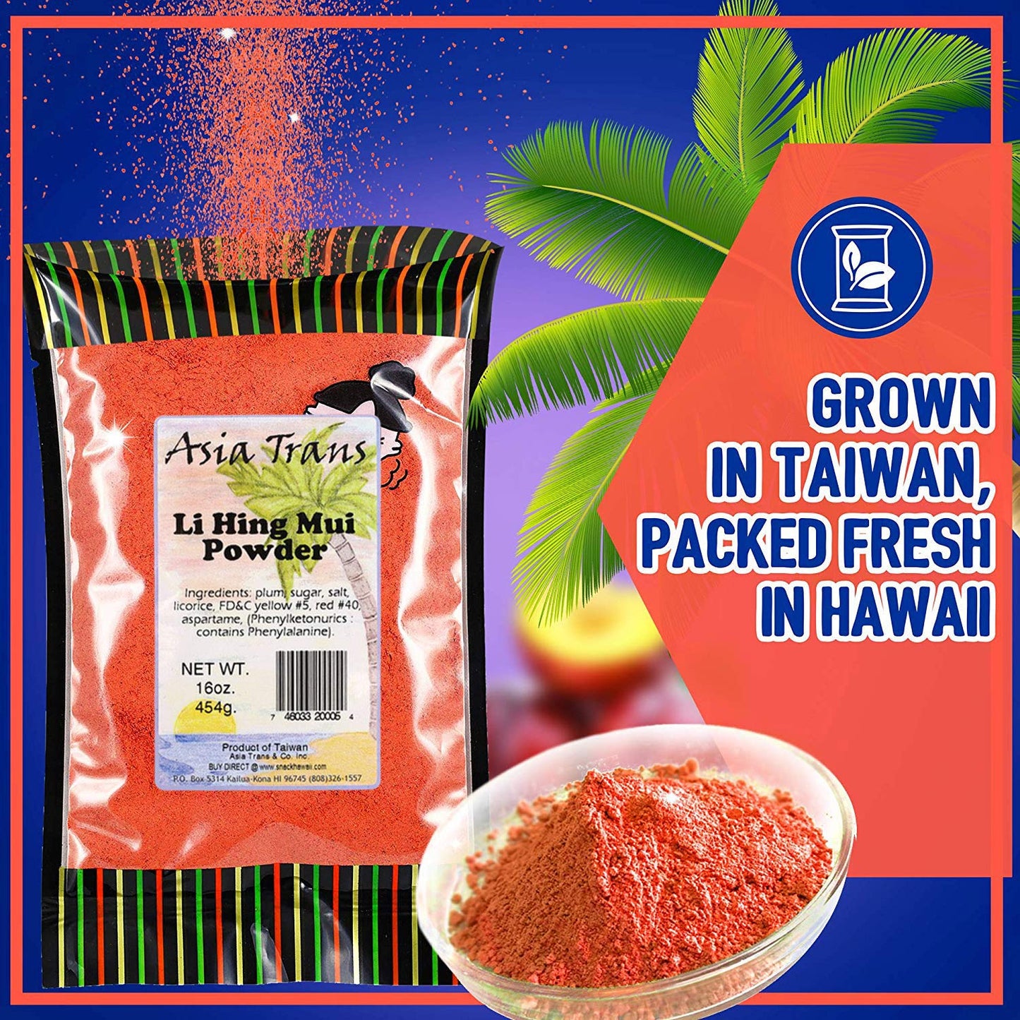 Asia Trans Li Hing Mui Crack Seed Plum Powder - Hawaiian Favorite - Sweet, Sour, & Salty Dried Asian Umeboshi Topping for Desserts and Snacks (16 oz)