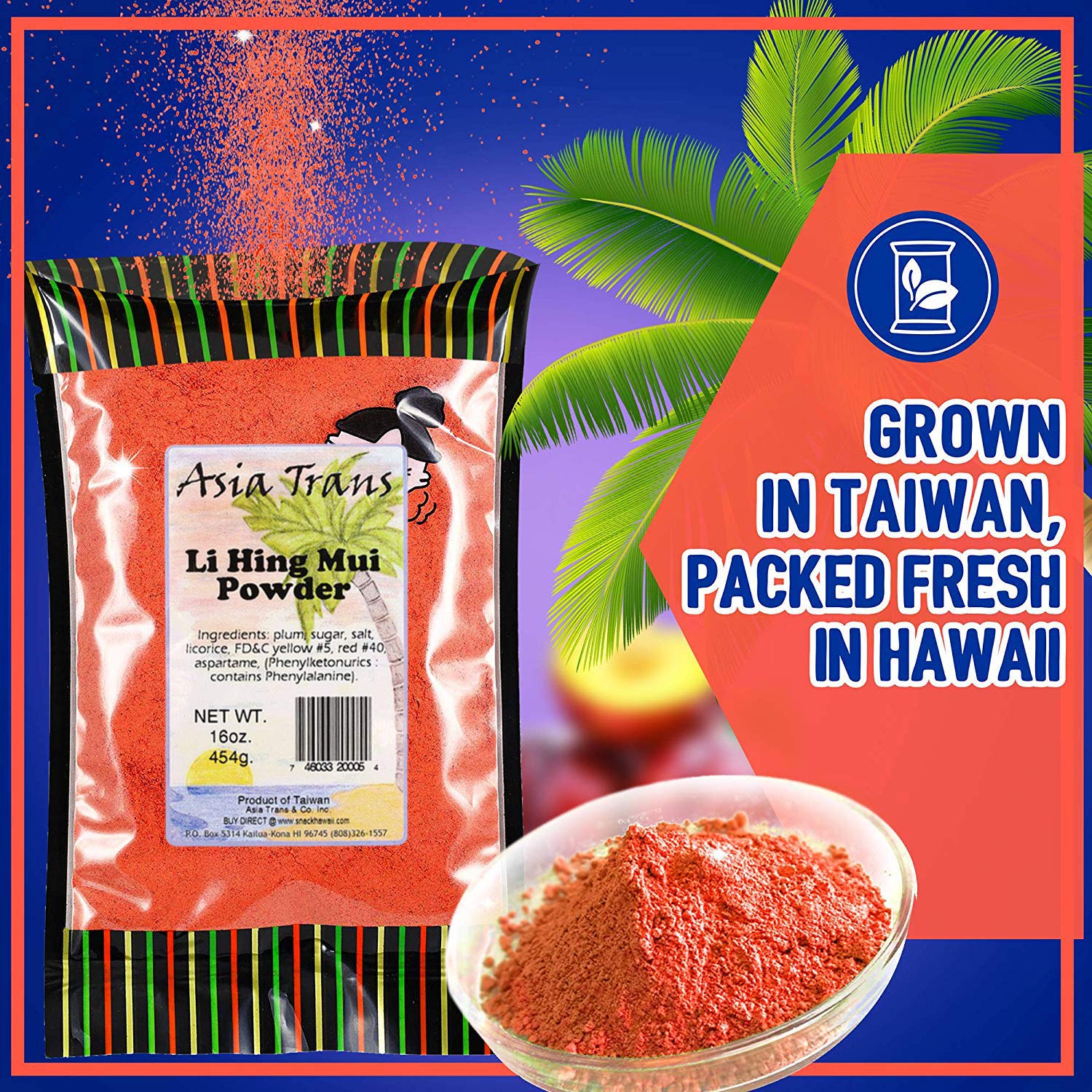 Asia Trans Li Hing Mui Crack Seed Plum Powder - Hawaiian Favorite - Sweet, Sour, & Salty Dried Asian Umeboshi Topping for Desserts and Snacks (16 oz)