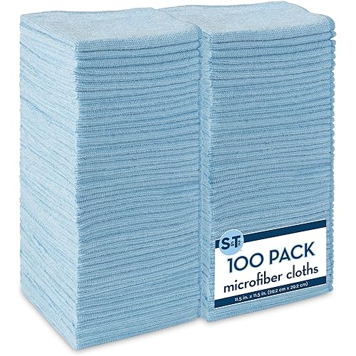 S&T INC. 100 Pack Microfiber Cleaning Cloth, Bulk Towels for Home, Reusable Microfiber Towels for Cars, Cleaning Rags, Light Blue, 11.5 Inches x 11.5