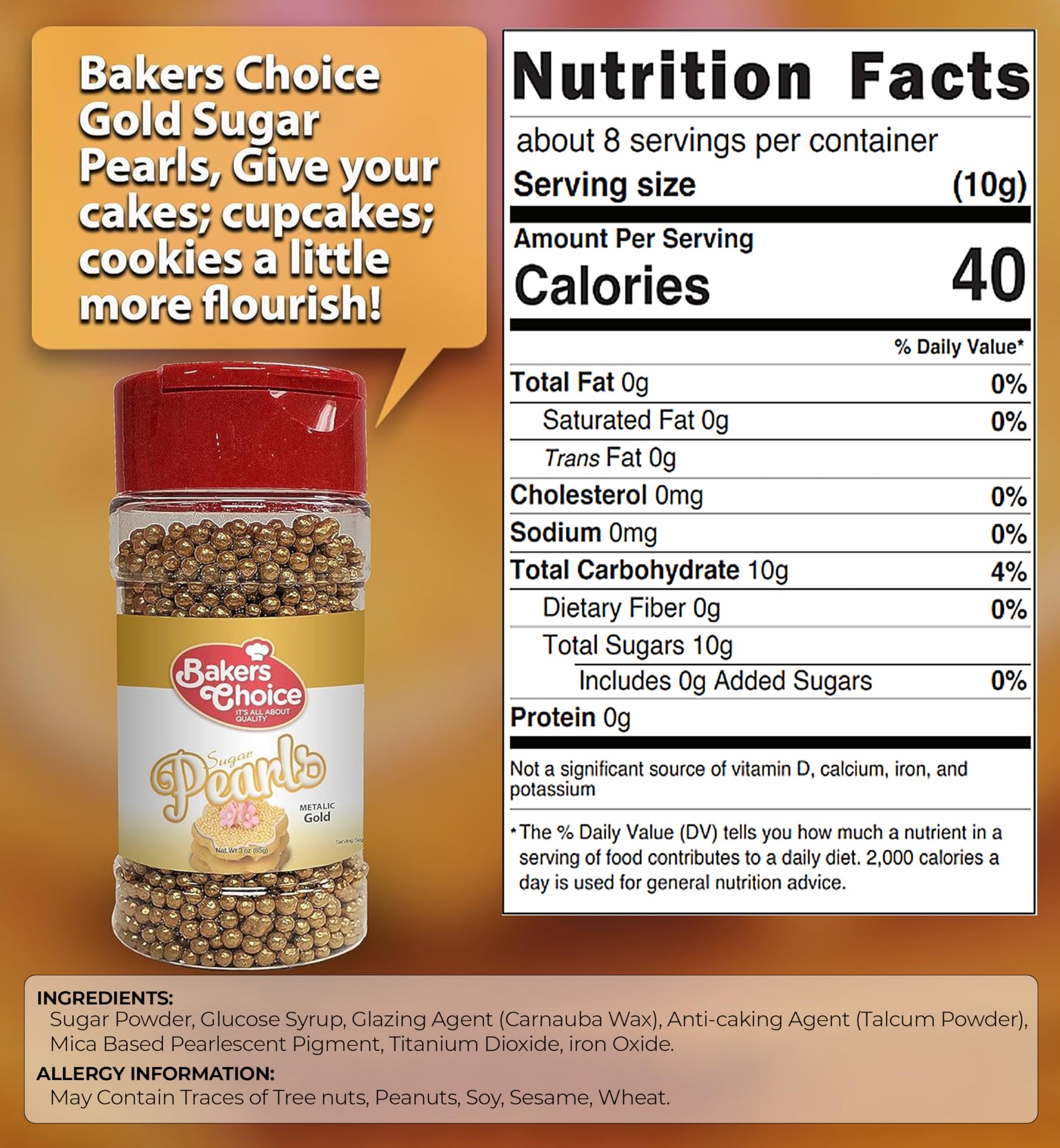 Bakers Choice Edible Pearls - Pearl Sprinkles - Metallic Gold Sugar Pearls - Dairy Free - Kosher - 3 oz.