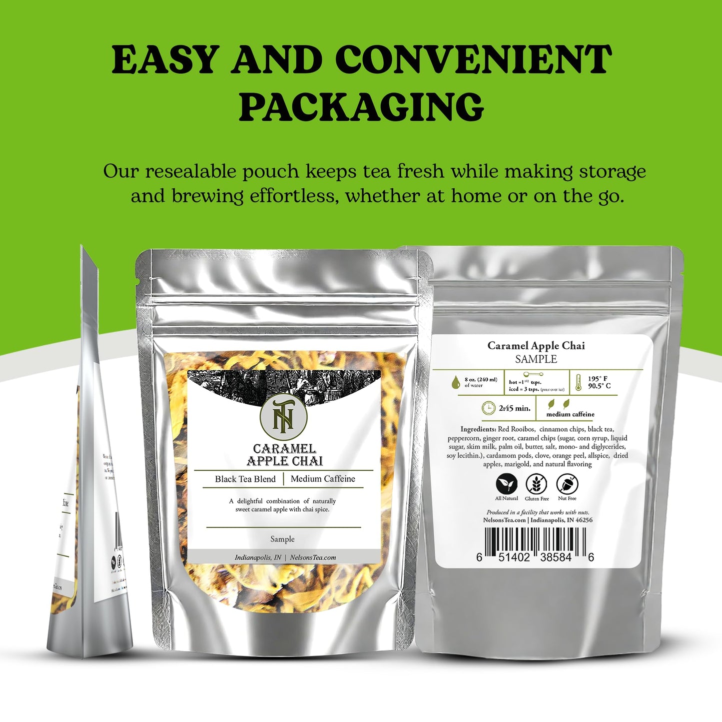 Nelson's Tea Caramel Apple Chai Tea Loose Leaf - Cut & Sifted Red Rooibos Loose Leaf Tea, Black Tea with Cinnamon Chips, Peppercorn, Ginger Root