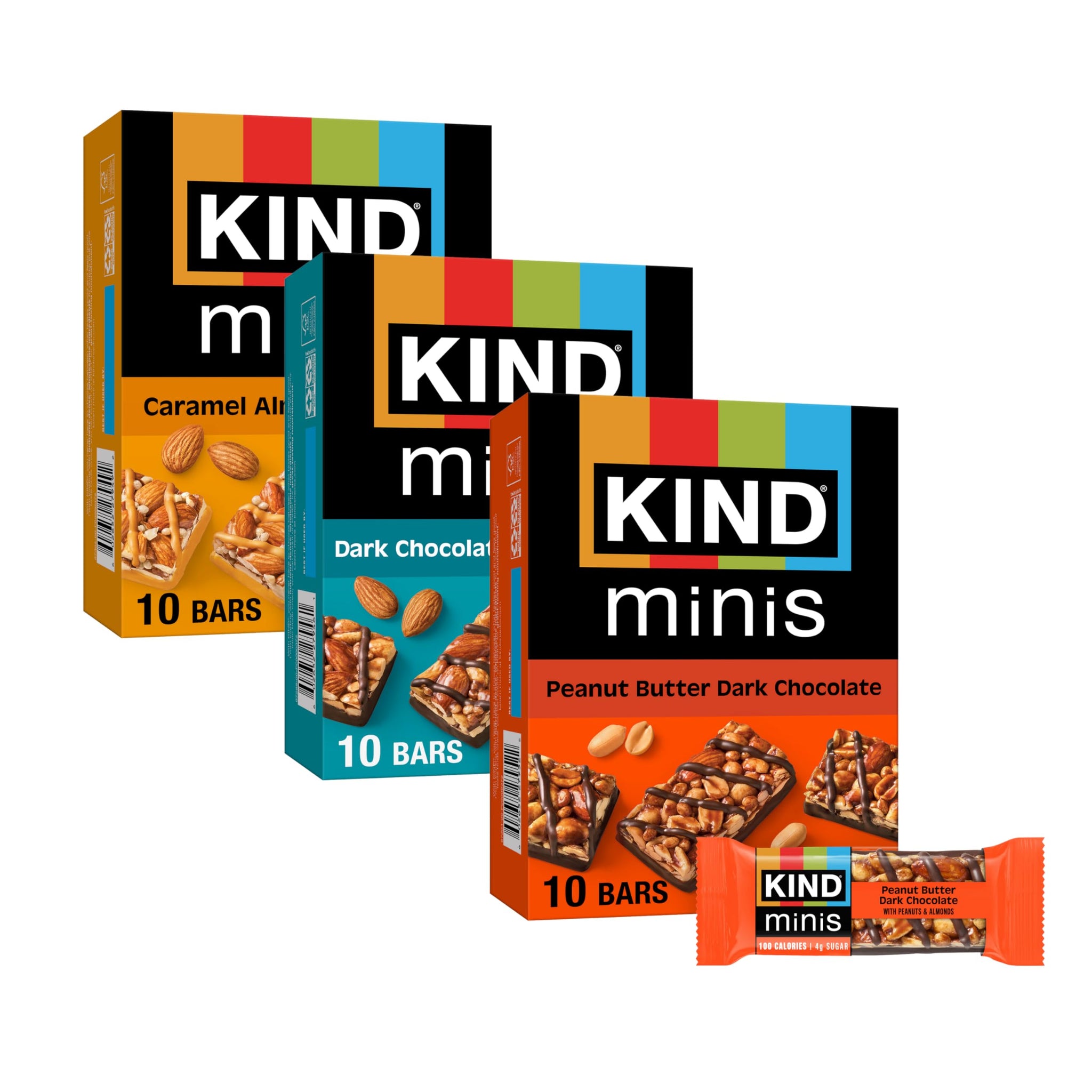 KIND Mini Snack Bars Variety Pack, Gluten Free, Low Sugar, Low Calorie Snacks, Dark Chocolate Nuts & Sea Salt, Peanut Butter Dark Chocolate, Caramel