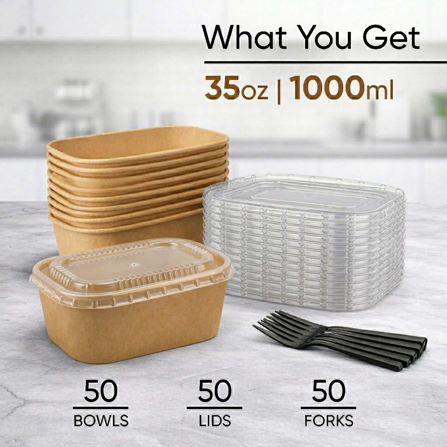 Leafiew 50 Pack 35Oz Disposable Meal Prep Containers With Lids - Microwave and Freezer Safe Kraft Paper Bowls with Lids and Forks - Disposable Food
