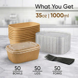 Leafiew 50 Pack 35Oz Disposable Meal Prep Containers With Lids - Microwave and Freezer Safe Kraft Paper Bowls with Lids and Forks - Disposable Food